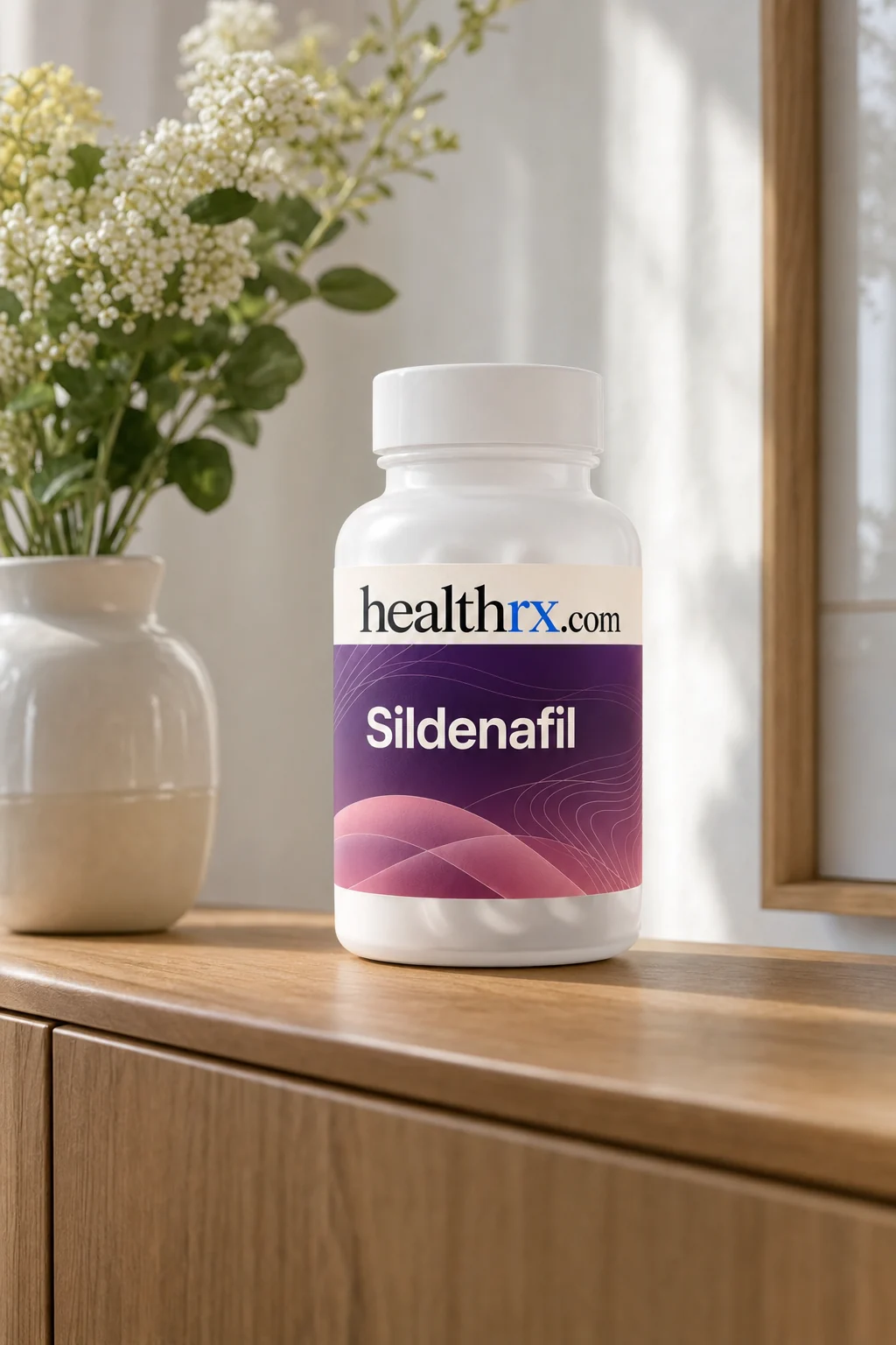 Sildenafil on a sideboard beside a vase of flowers