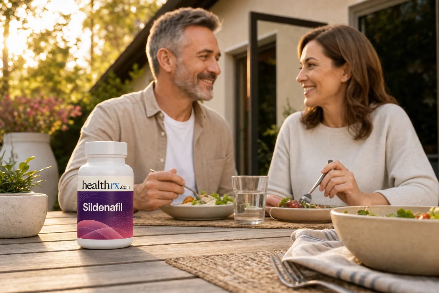 A couple sharing dinner on a patio at golden hour, with Sildenafil in the foreground