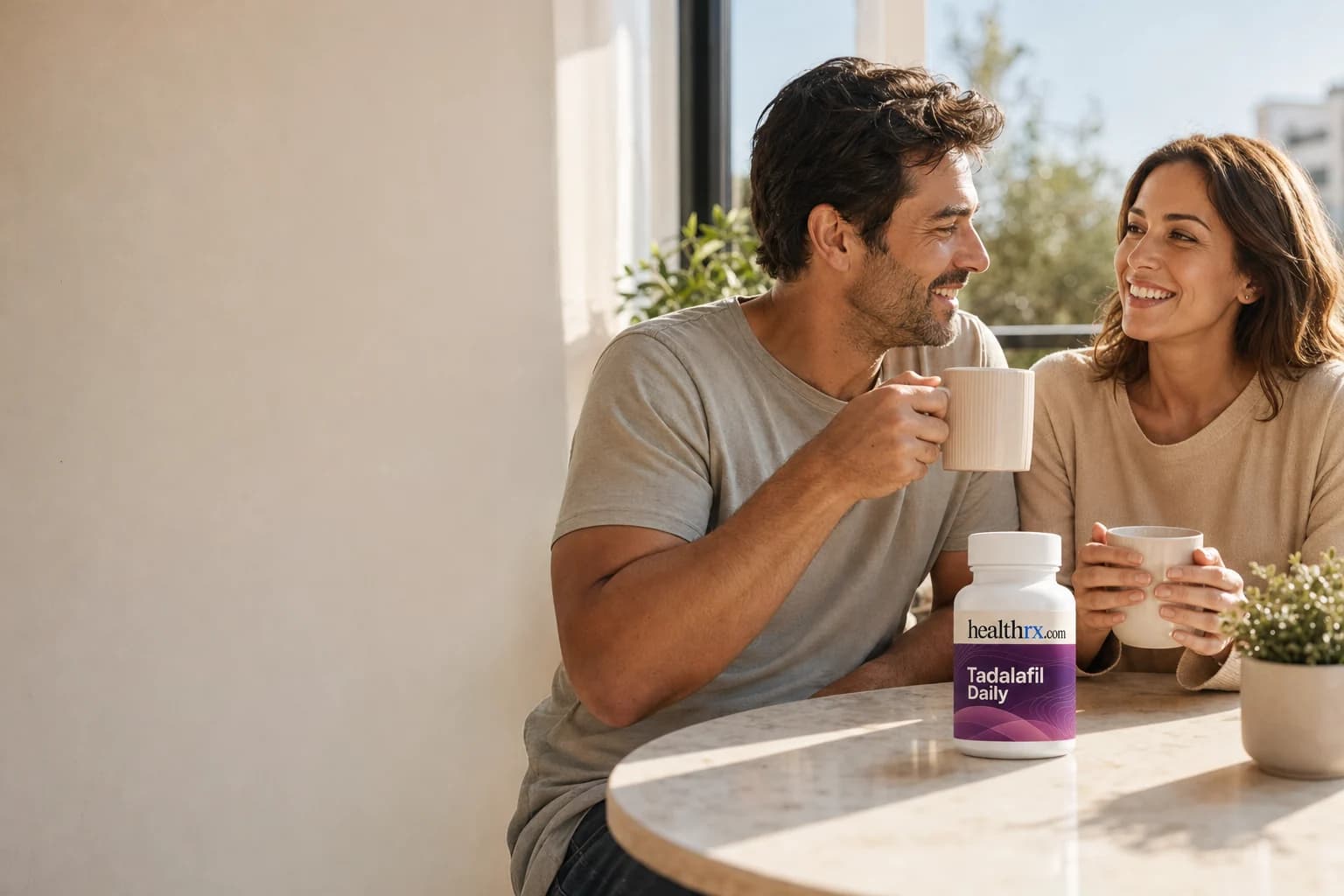 A couple having coffee on a sunny balcony, with Tadalafil Daily