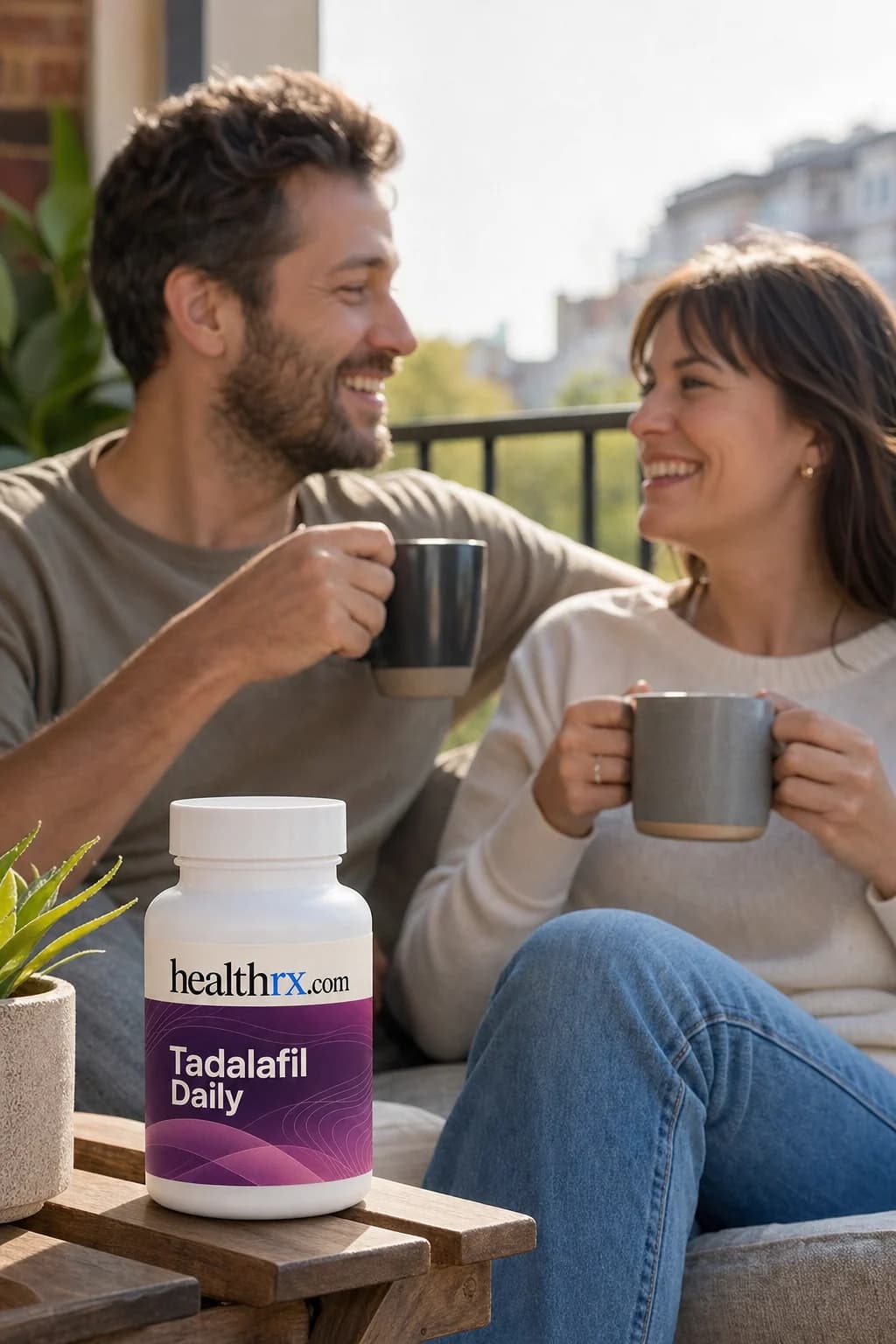 A couple having coffee on a sunny balcony, with Tadalafil Daily close by