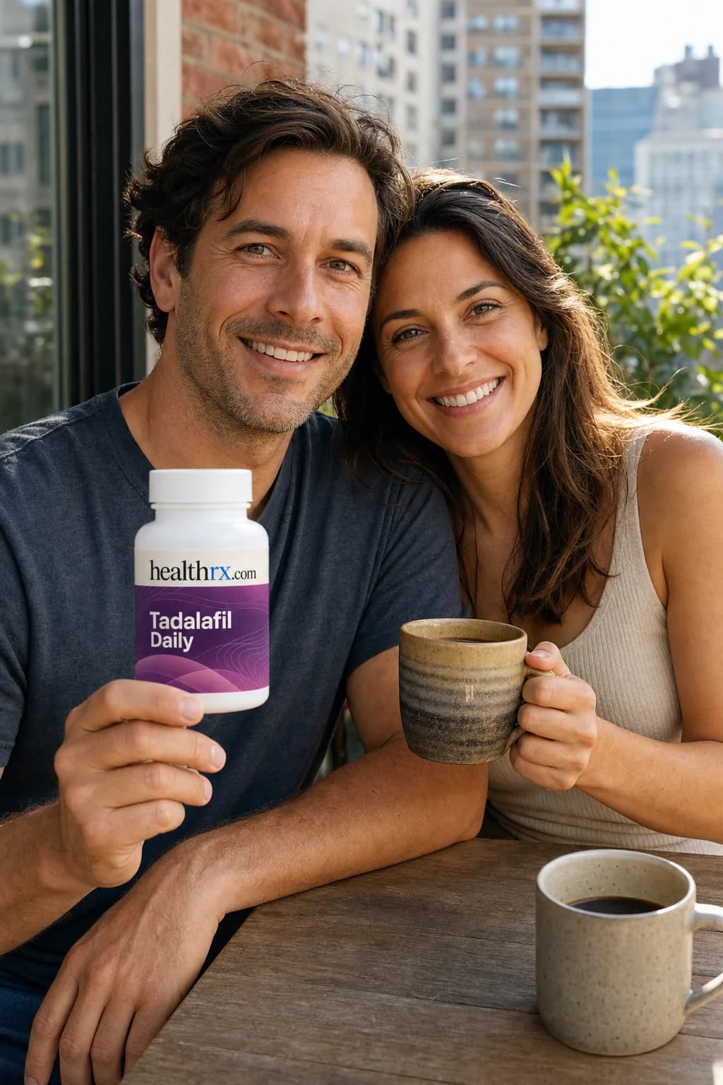 A couple having coffee on a sunny balcony, with Tadalafil Daily