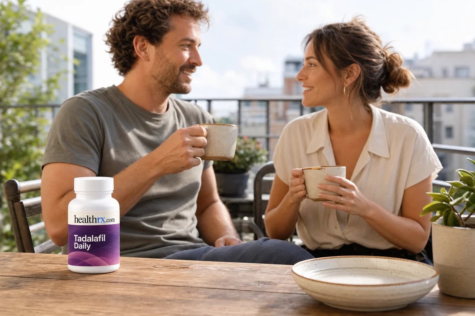 A couple having coffee on a sunny balcony, with Tadalafil Daily in the foreground