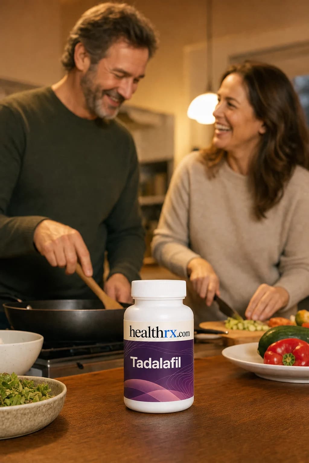 A couple cooking dinner together at home, with Tadalafil close by