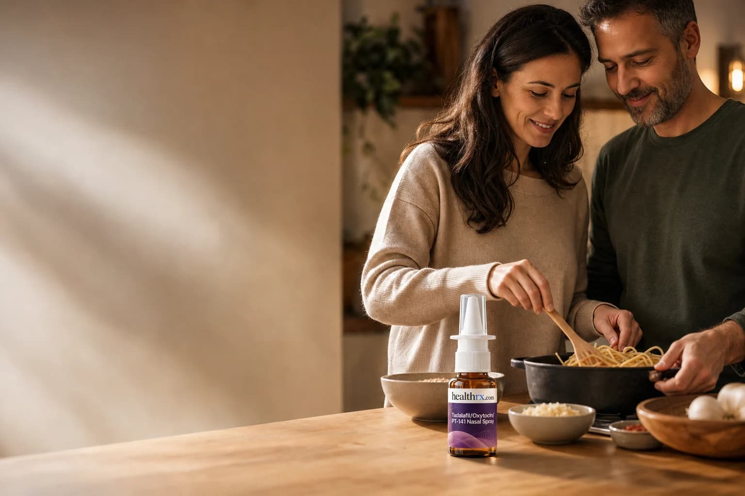 A couple cooking pasta together at home, with Tadalafil / Oxytocin / PT-141 Nasal Spray