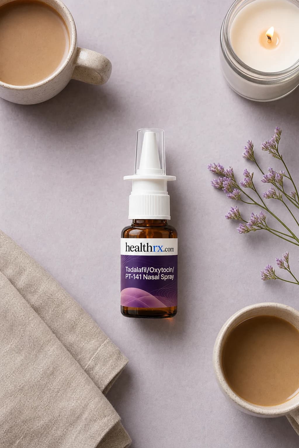 Tadalafil / Oxytocin / PT-141 Nasal Spray laid flat among everyday things