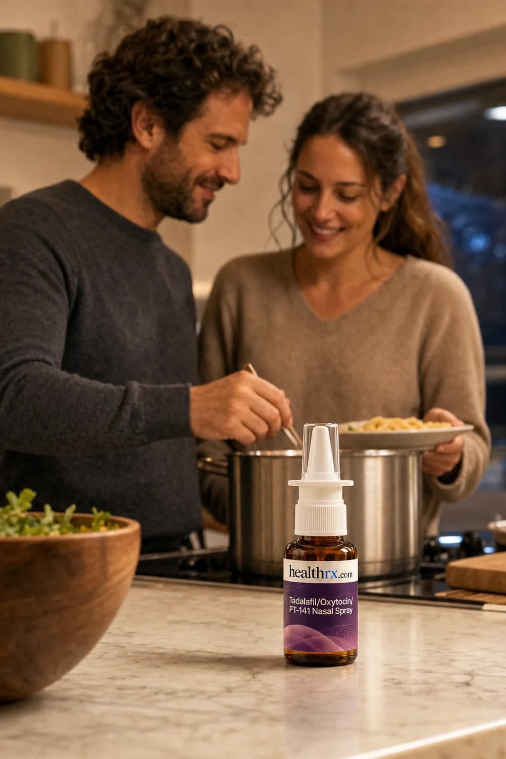 A couple cooking pasta together at home, with Tadalafil / Oxytocin / PT-141 Nasal Spray close by