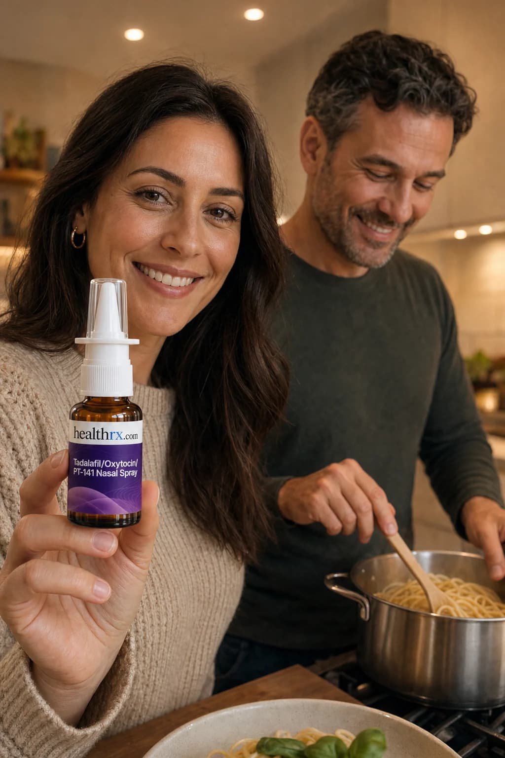 A couple cooking pasta together at home, with Tadalafil / Oxytocin / PT-141 Nasal Spray