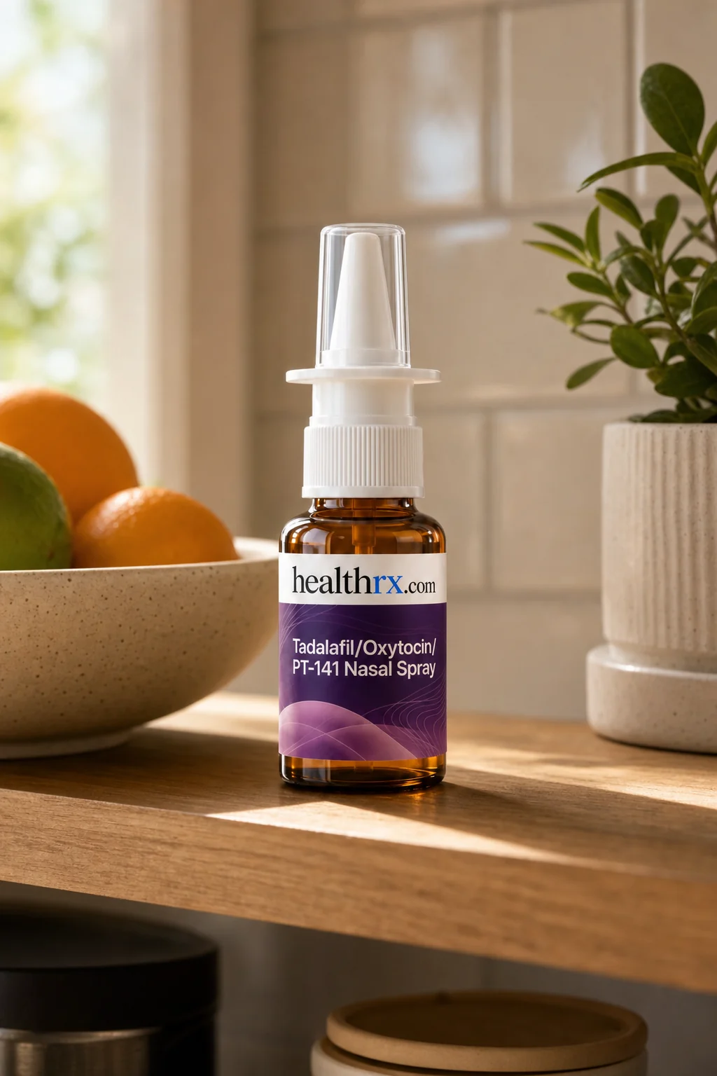 Tadalafil / Oxytocin / PT-141 Nasal Spray on a kitchen shelf