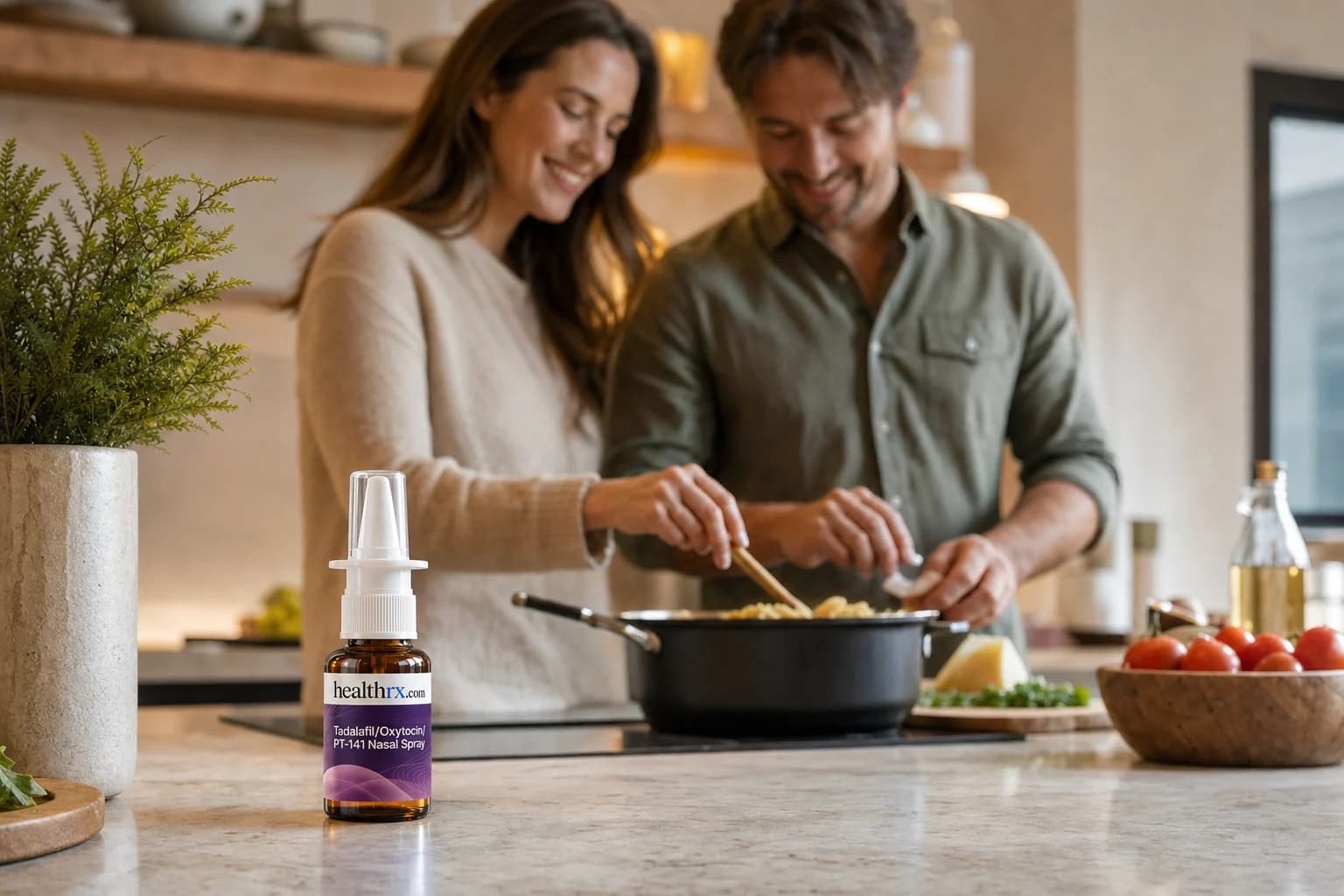 A couple cooking pasta together at home, with Tadalafil / Oxytocin / PT-141 Nasal Spray in the foreground