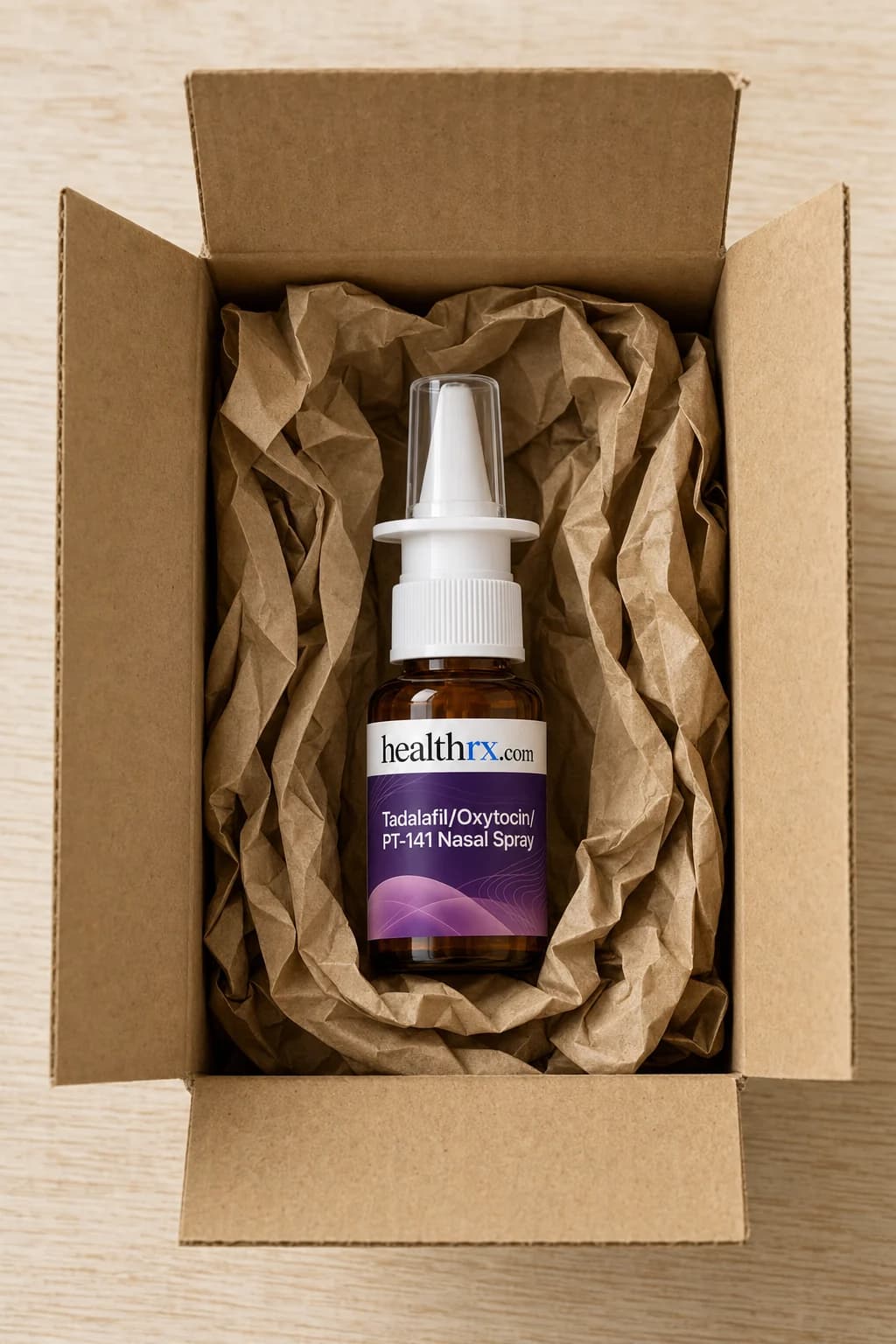 Tadalafil / Oxytocin / PT-141 Nasal Spray inside a plain, unmarked shipping box