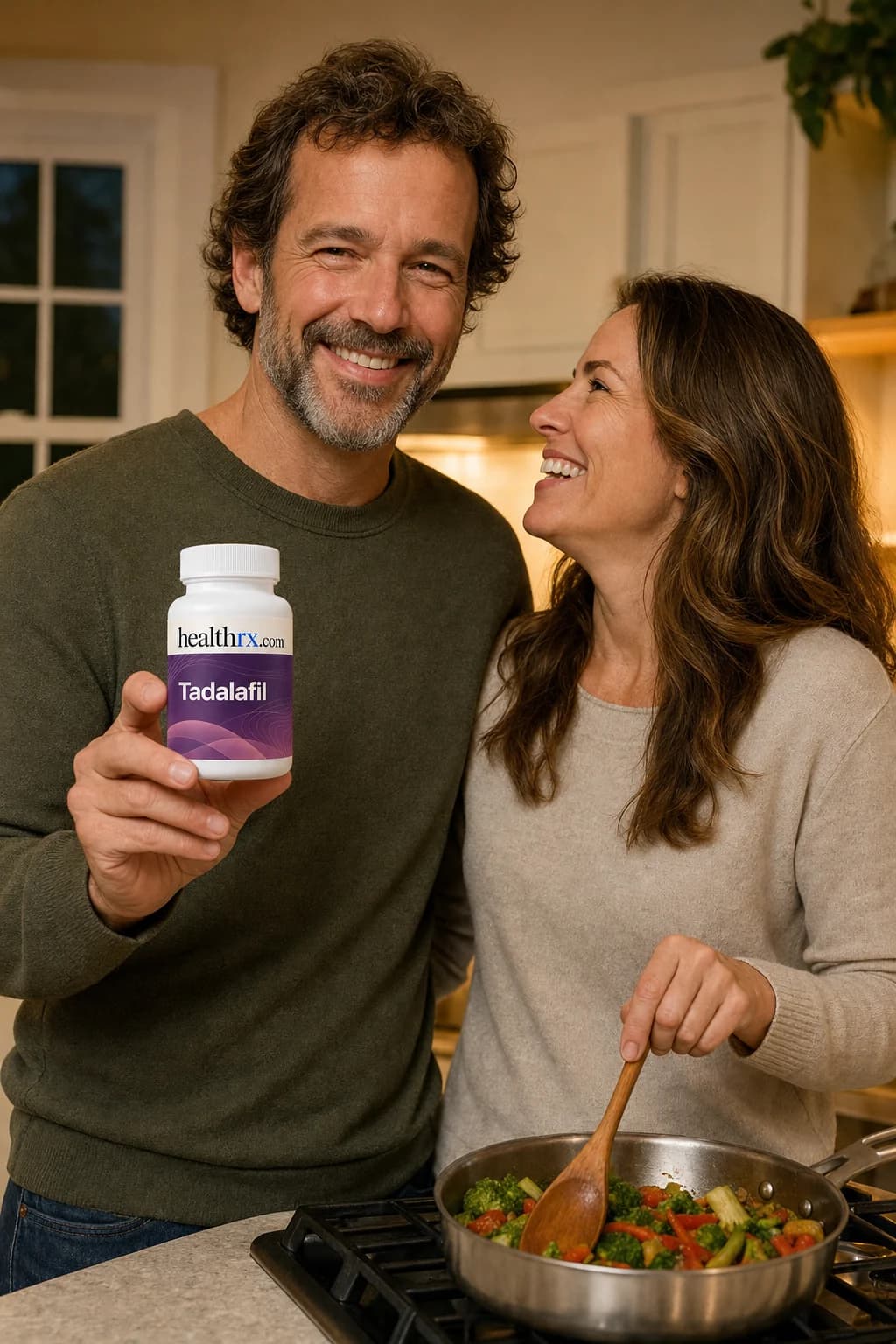 A couple cooking dinner together at home, with Tadalafil