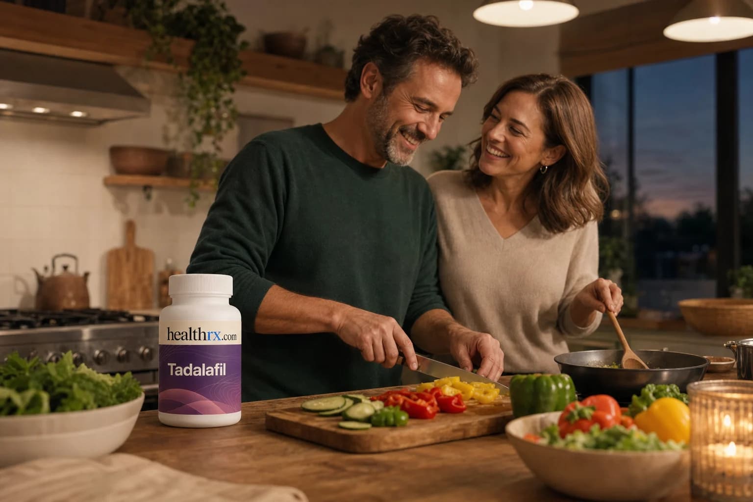 A couple cooking dinner together at home, with Tadalafil in the foreground