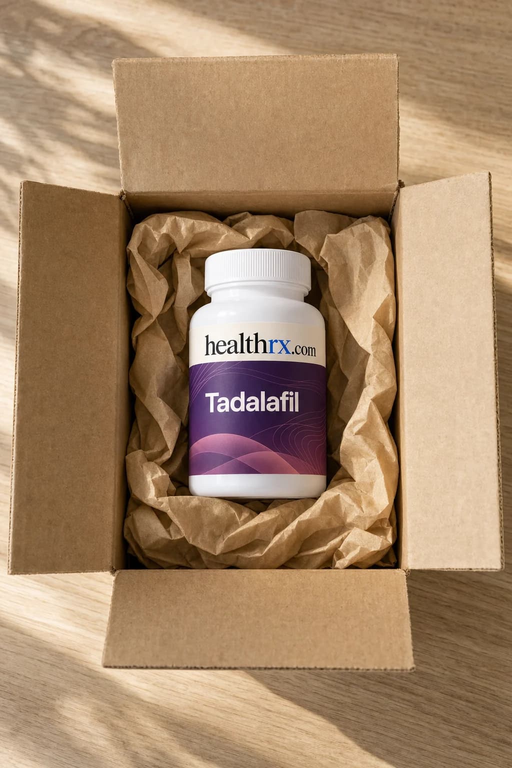 Tadalafil inside a plain, unmarked shipping box