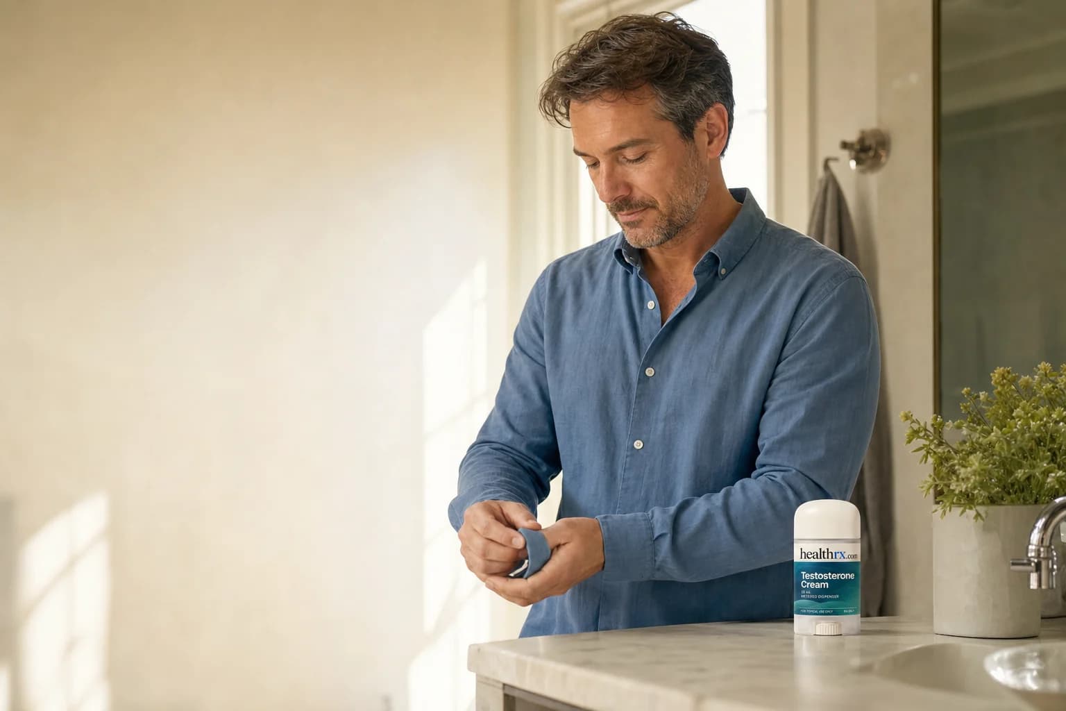A man in his mid 40s getting ready for the day, with Testosterone Cream