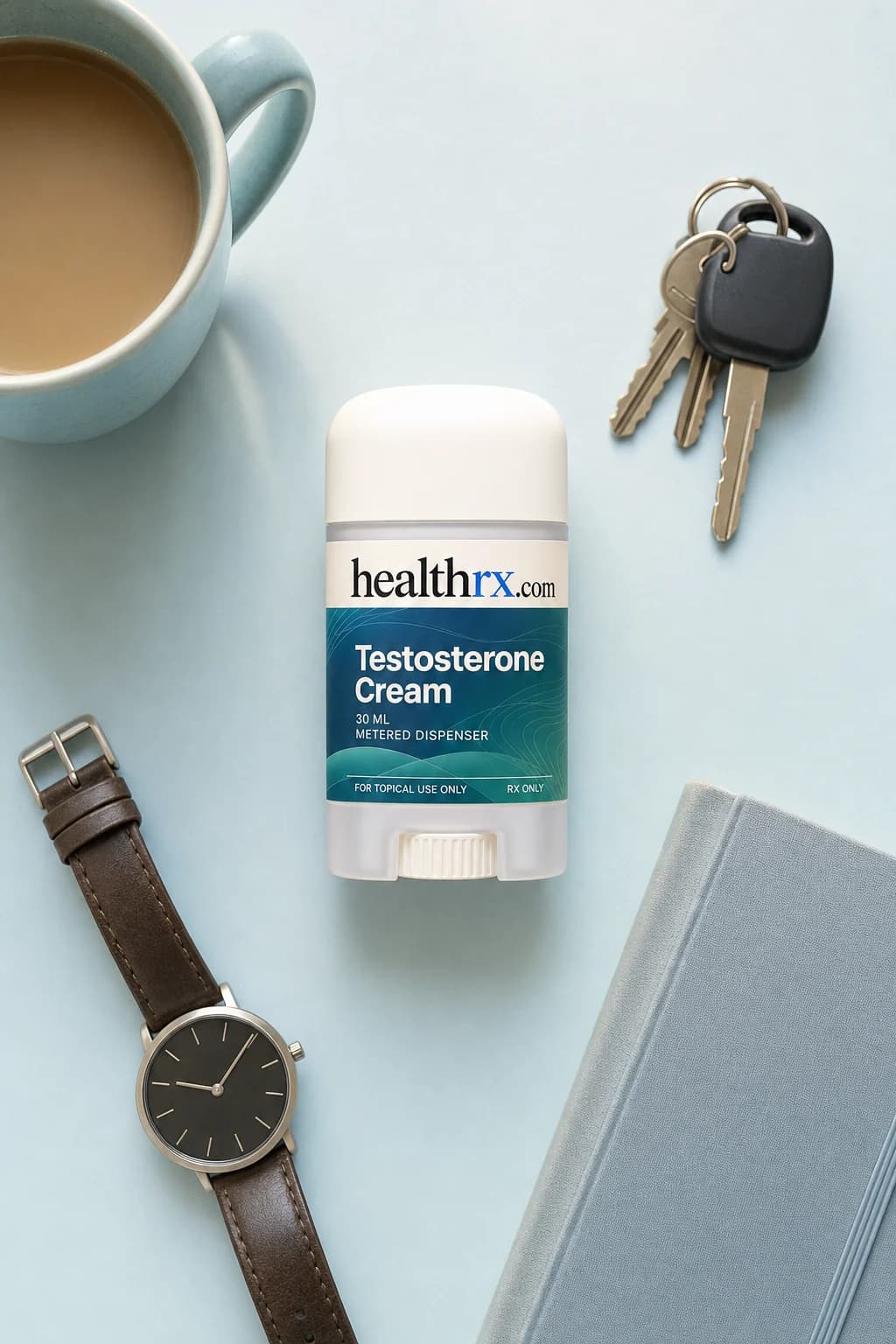 Testosterone Cream laid flat among everyday things