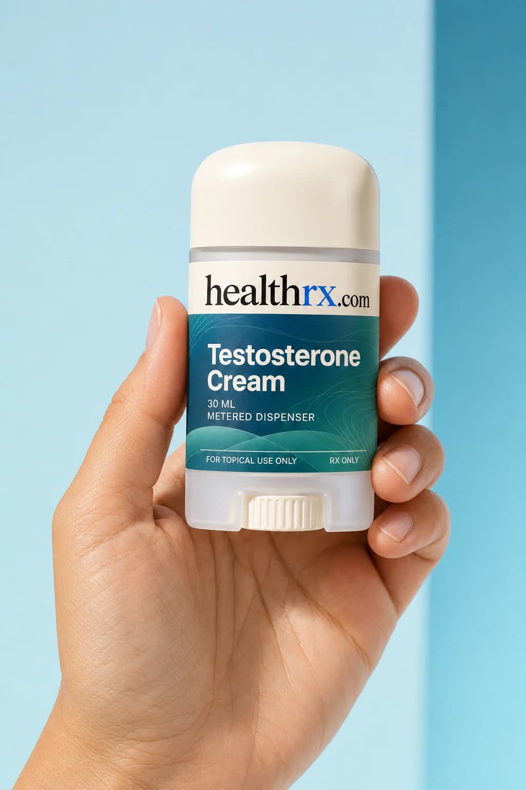 Testosterone Cream held in one hand, showing its size
