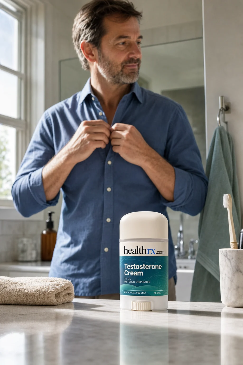 A man in his mid 40s getting ready for the day, with Testosterone Cream close by