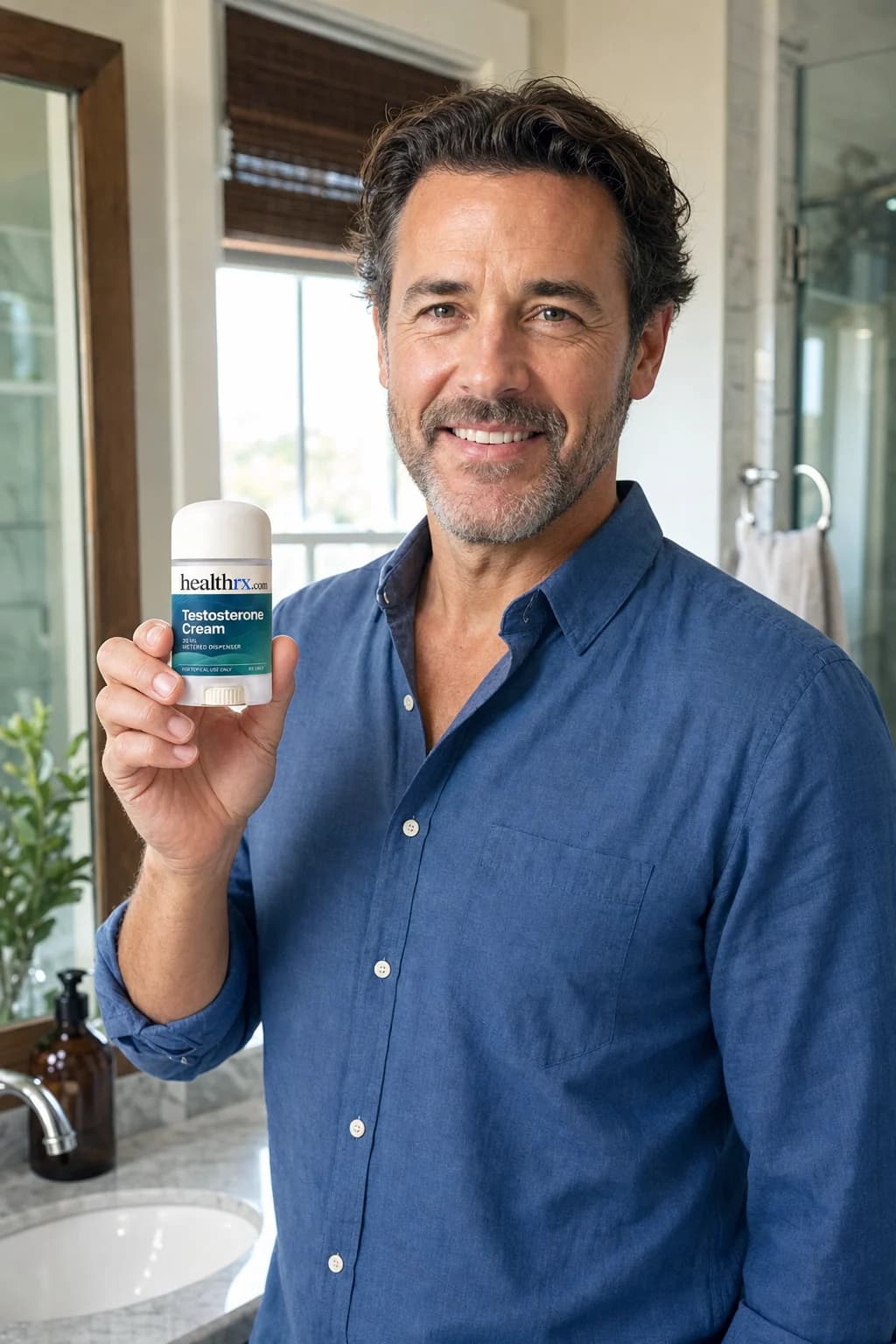 A man in his mid 40s getting ready for the day, with Testosterone Cream