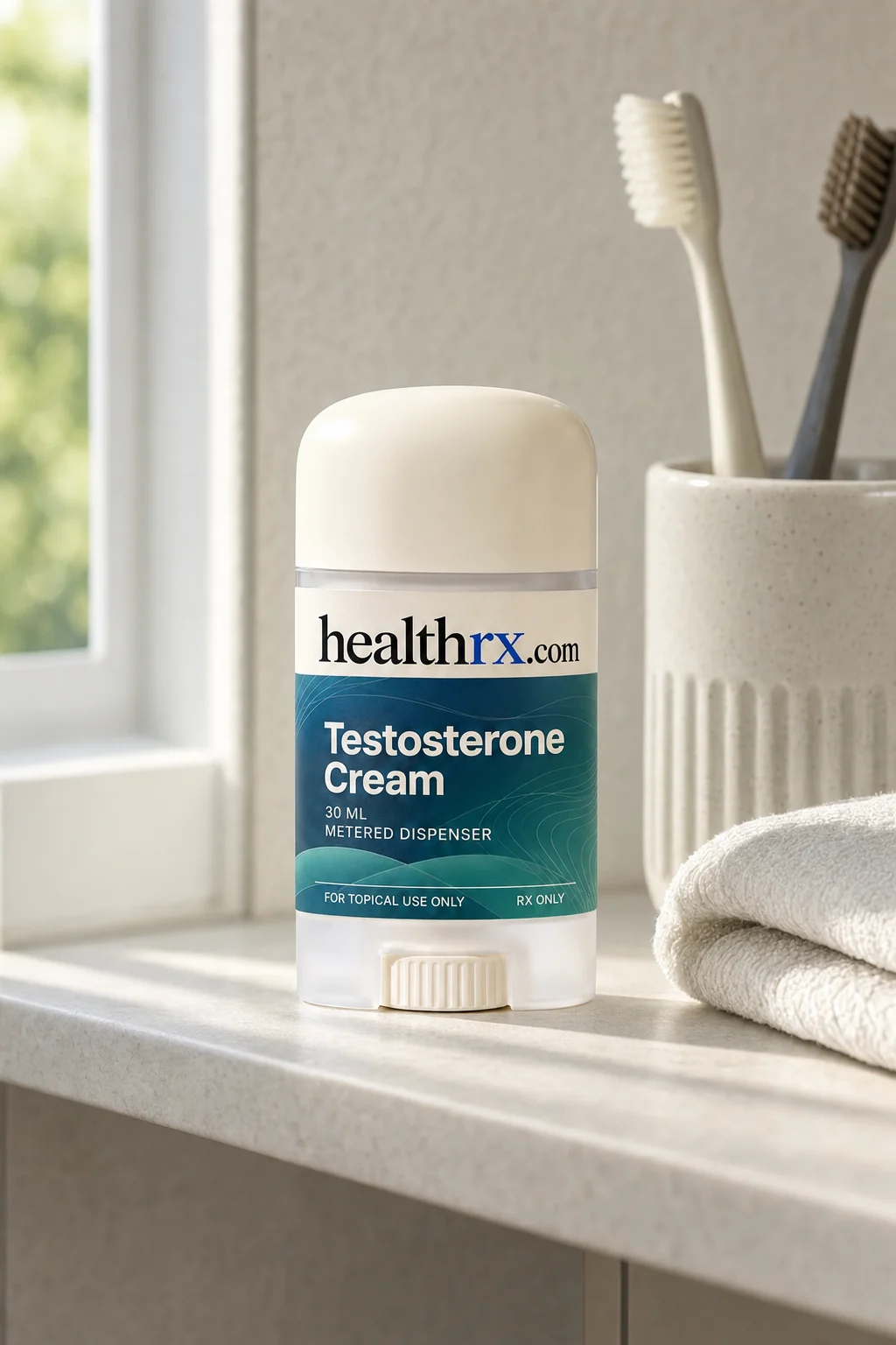Testosterone Cream on a bathroom shelf