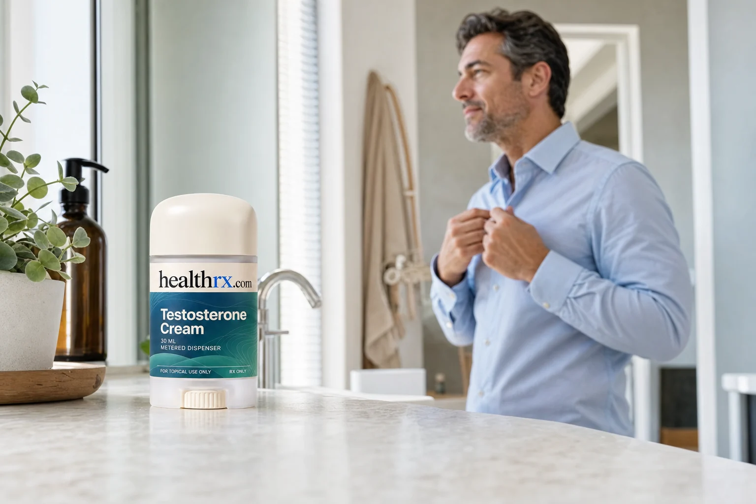 A man in his mid 40s getting ready for the day, with Testosterone Cream in the foreground