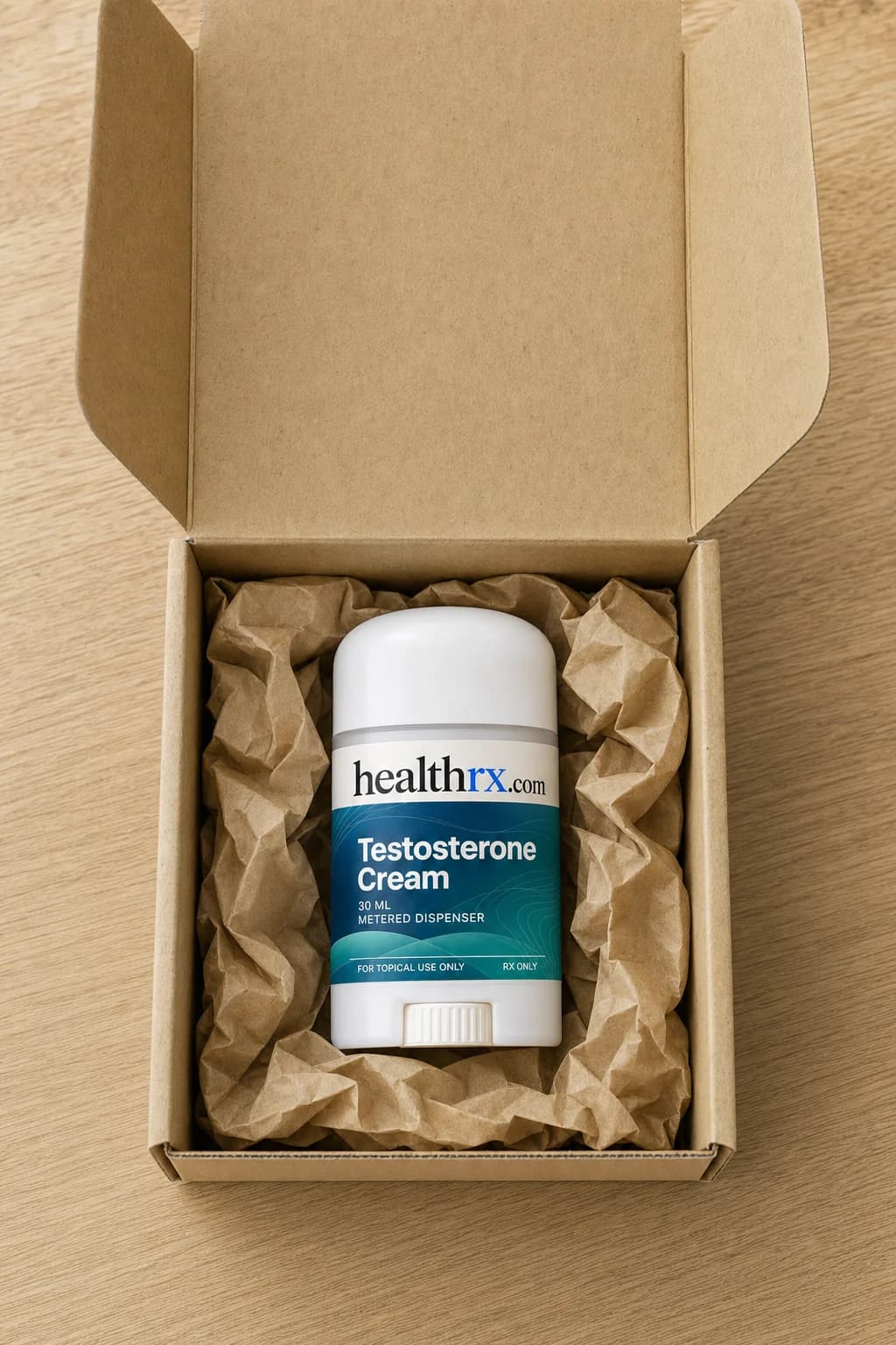 Testosterone Cream inside a plain, unmarked shipping box