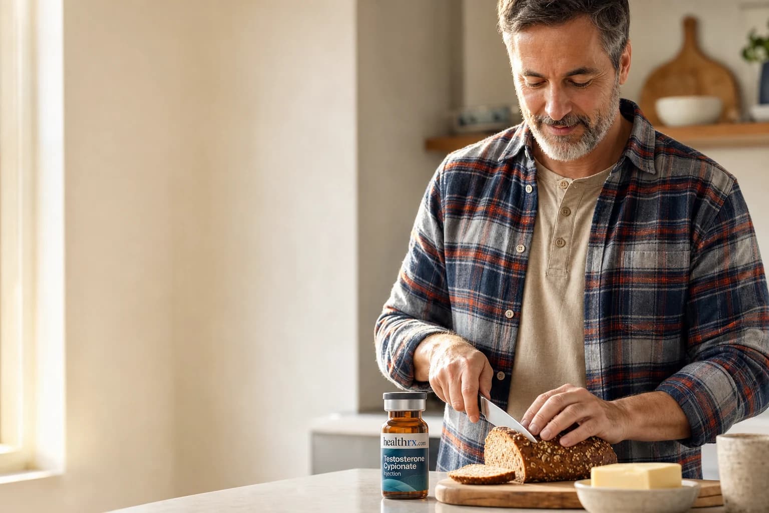 A man in his early 50s making breakfast, with Testosterone Cypionate Injection