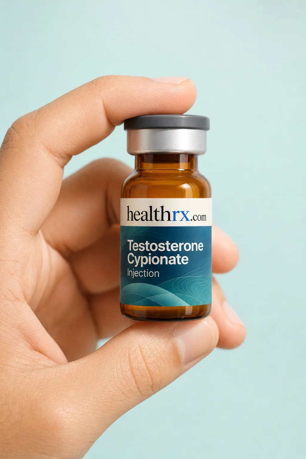 Testosterone Cypionate Injection held in one hand, showing its size