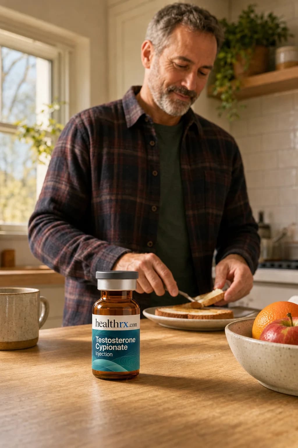 A man in his early 50s making breakfast, with Testosterone Cypionate Injection close by