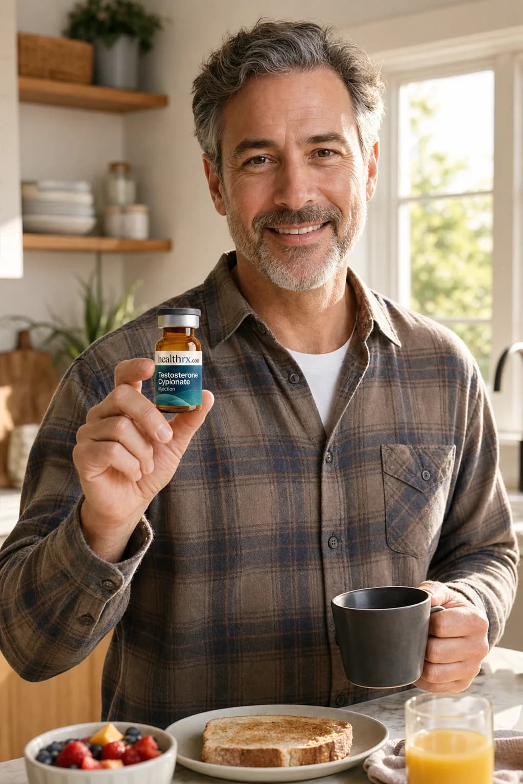 A man in his early 50s making breakfast, with Testosterone Cypionate Injection