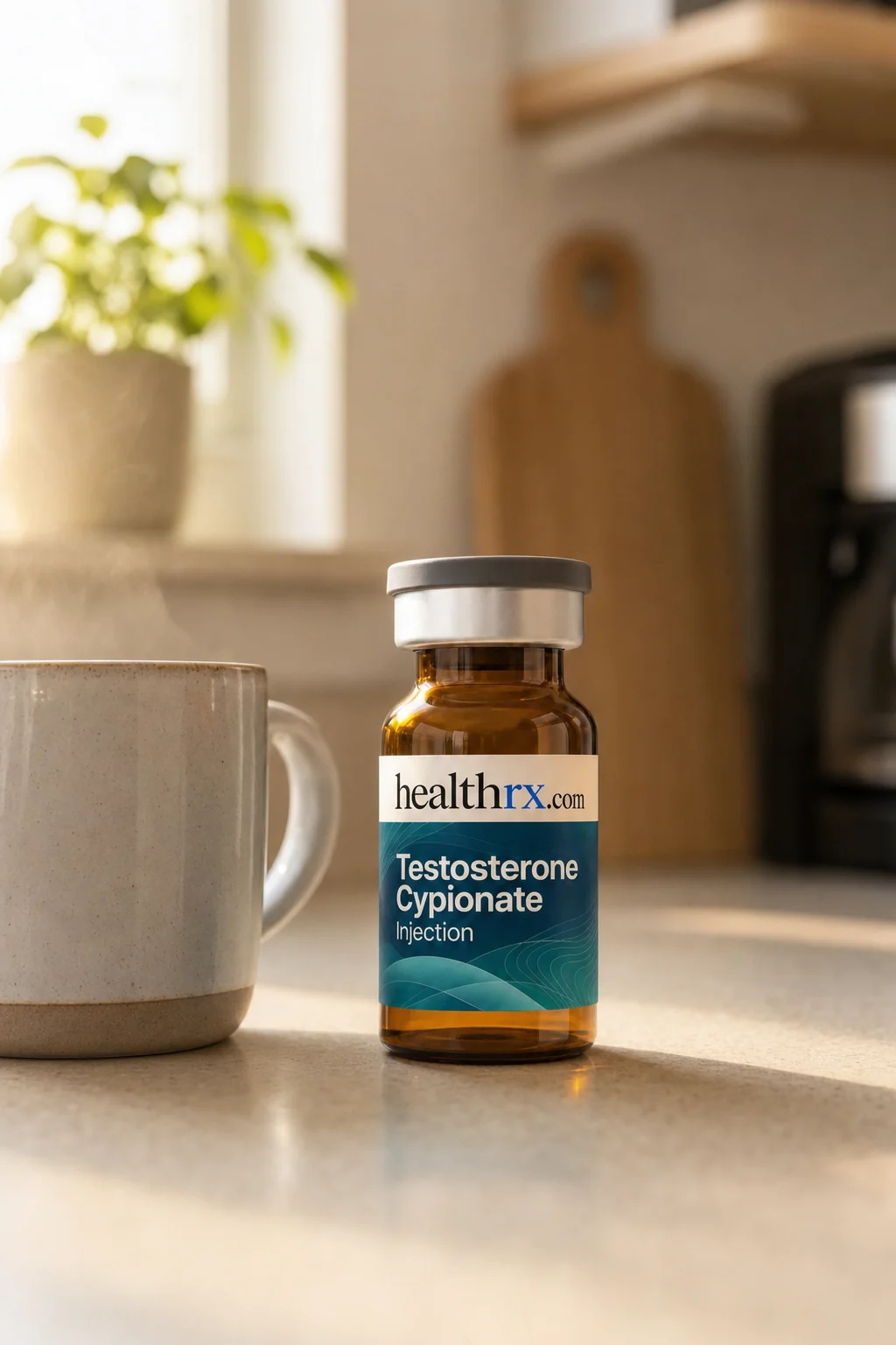 Testosterone Cypionate Injection on a kitchen counter beside a coffee mug