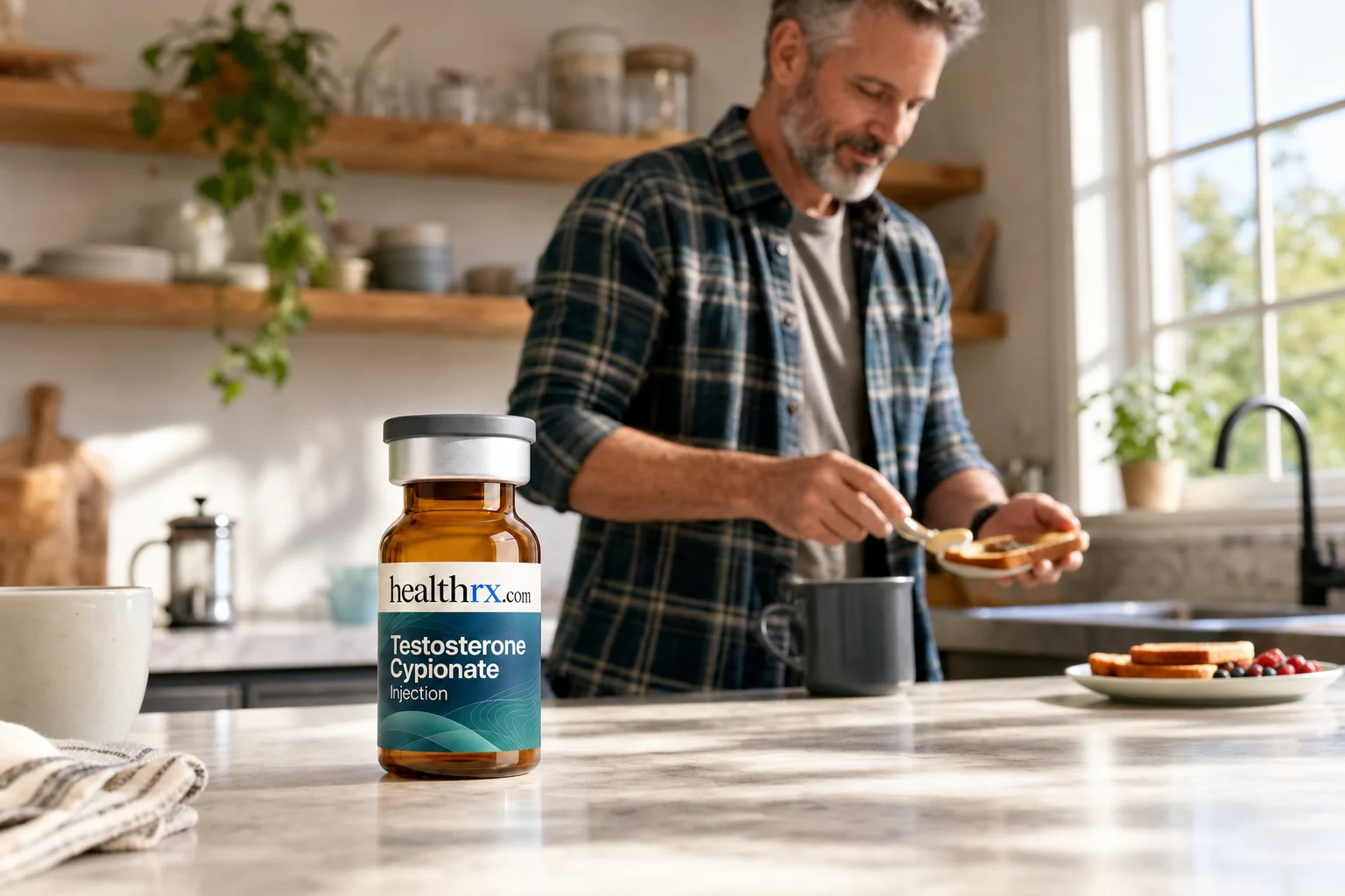 A man in his early 50s making breakfast, with Testosterone Cypionate Injection in the foreground