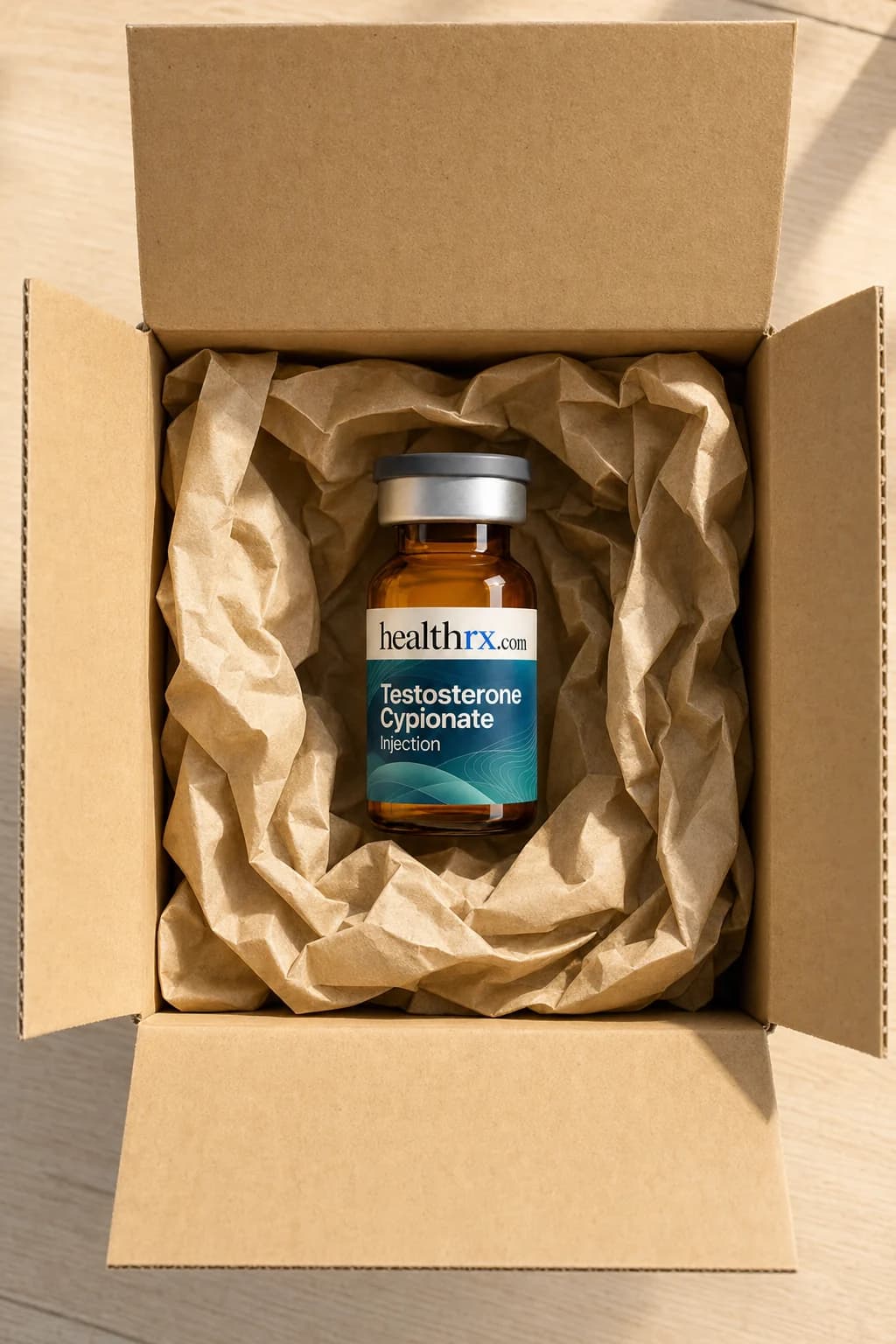 Testosterone Cypionate Injection inside a plain, unmarked shipping box