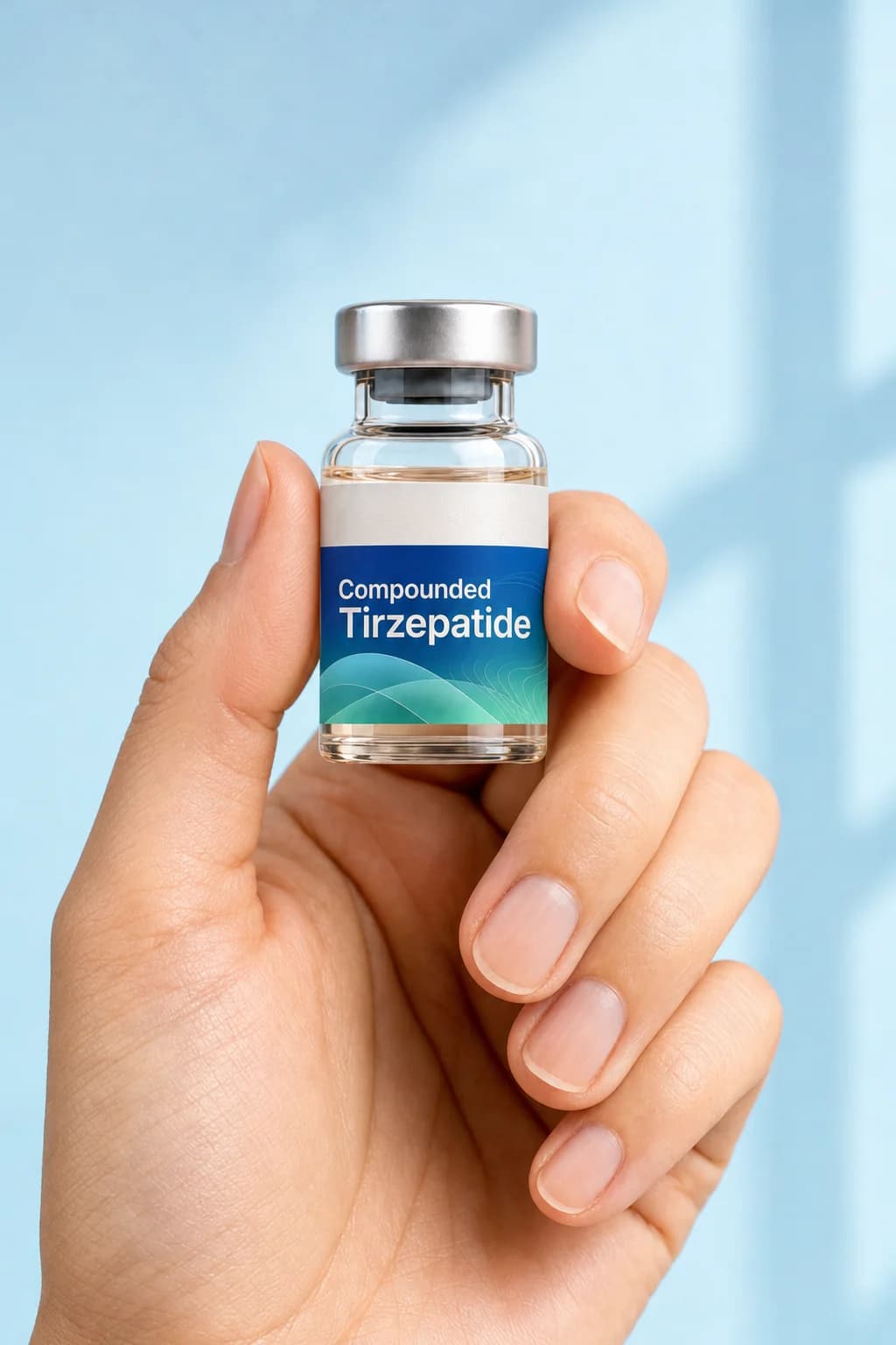 Compounded Tirzepatide held in one hand, showing its size