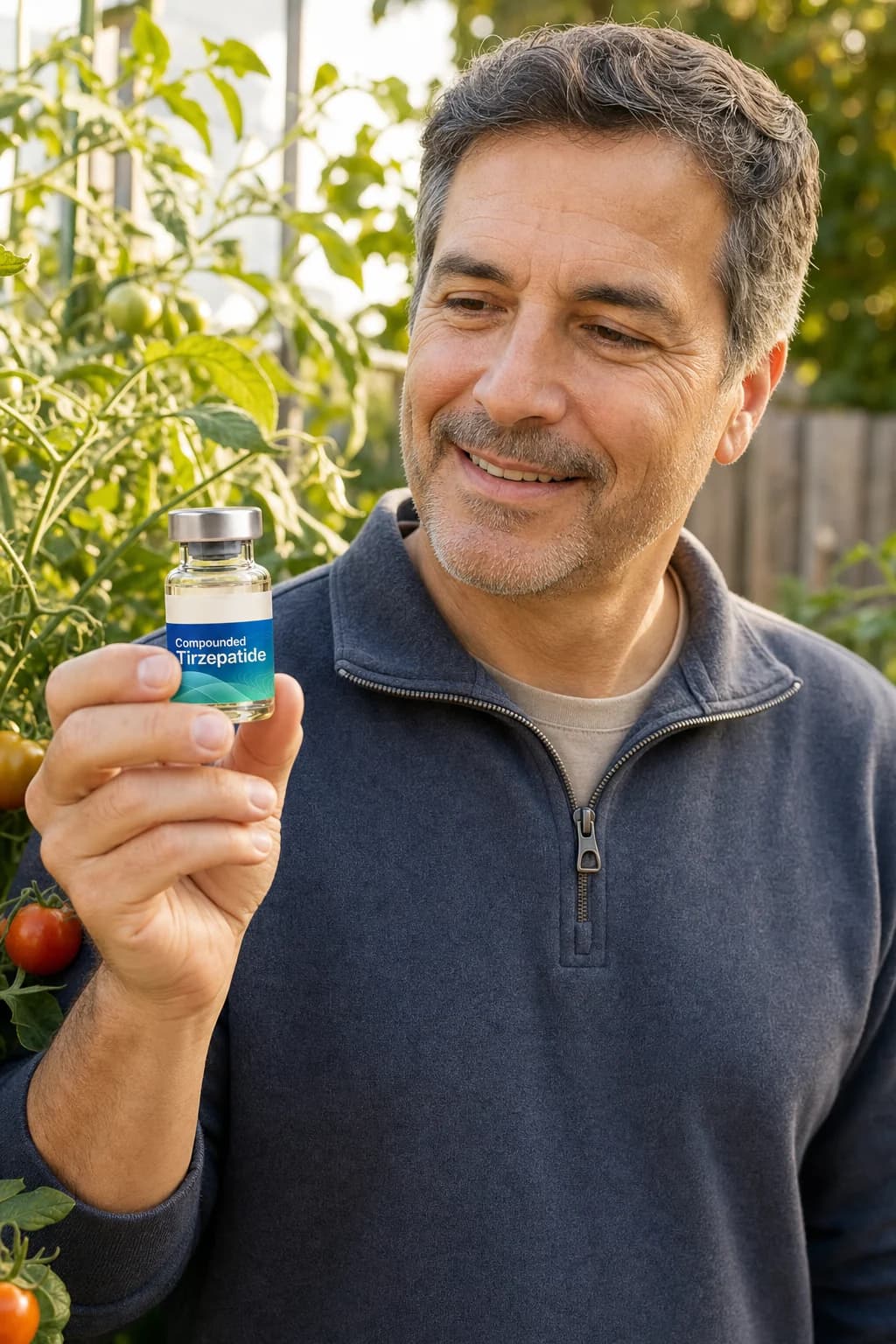 A man in his early 50s tending his garden in the morning, with Compounded Tirzepatide
