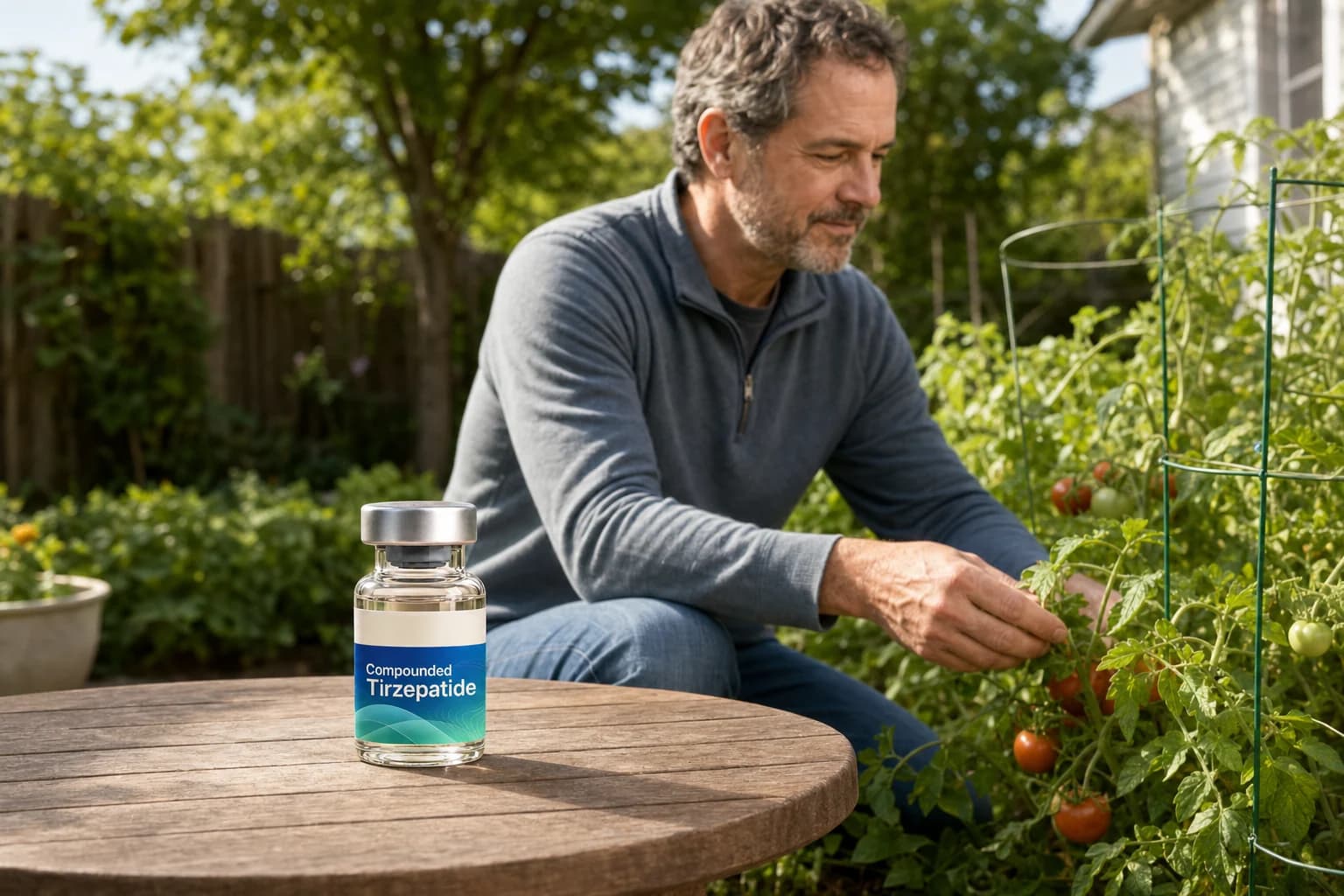 A man in his early 50s tending his garden in the morning, with Compounded Tirzepatide in the foreground