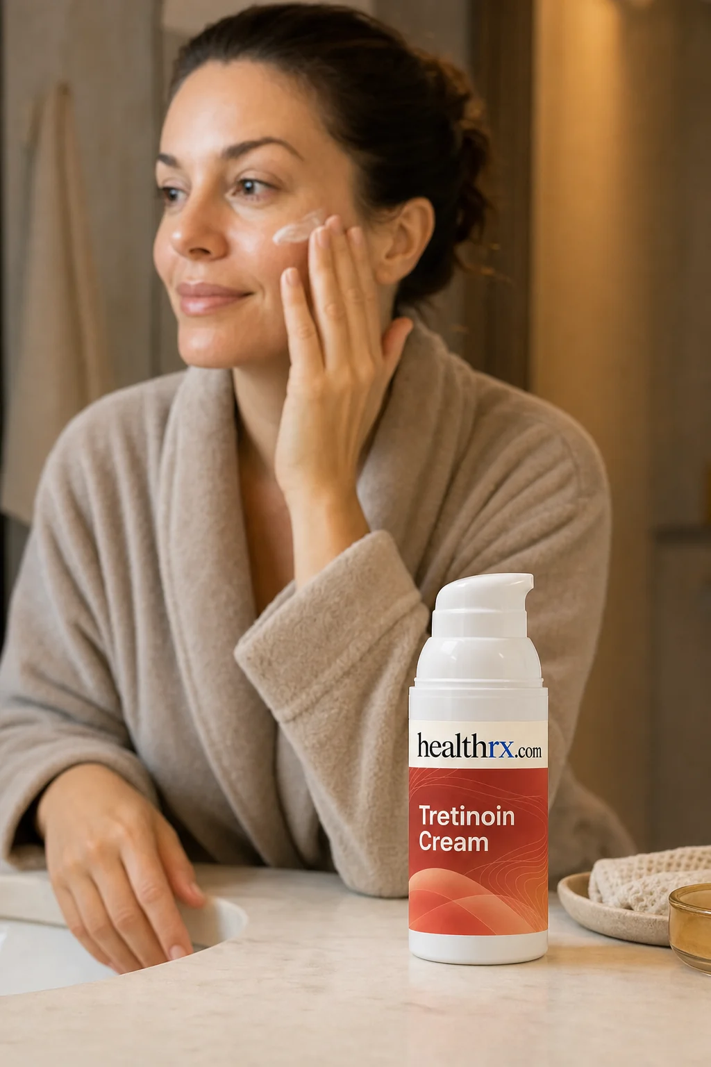 A woman in her mid 30s during her evening skincare routine, with Tretinoin Cream close by