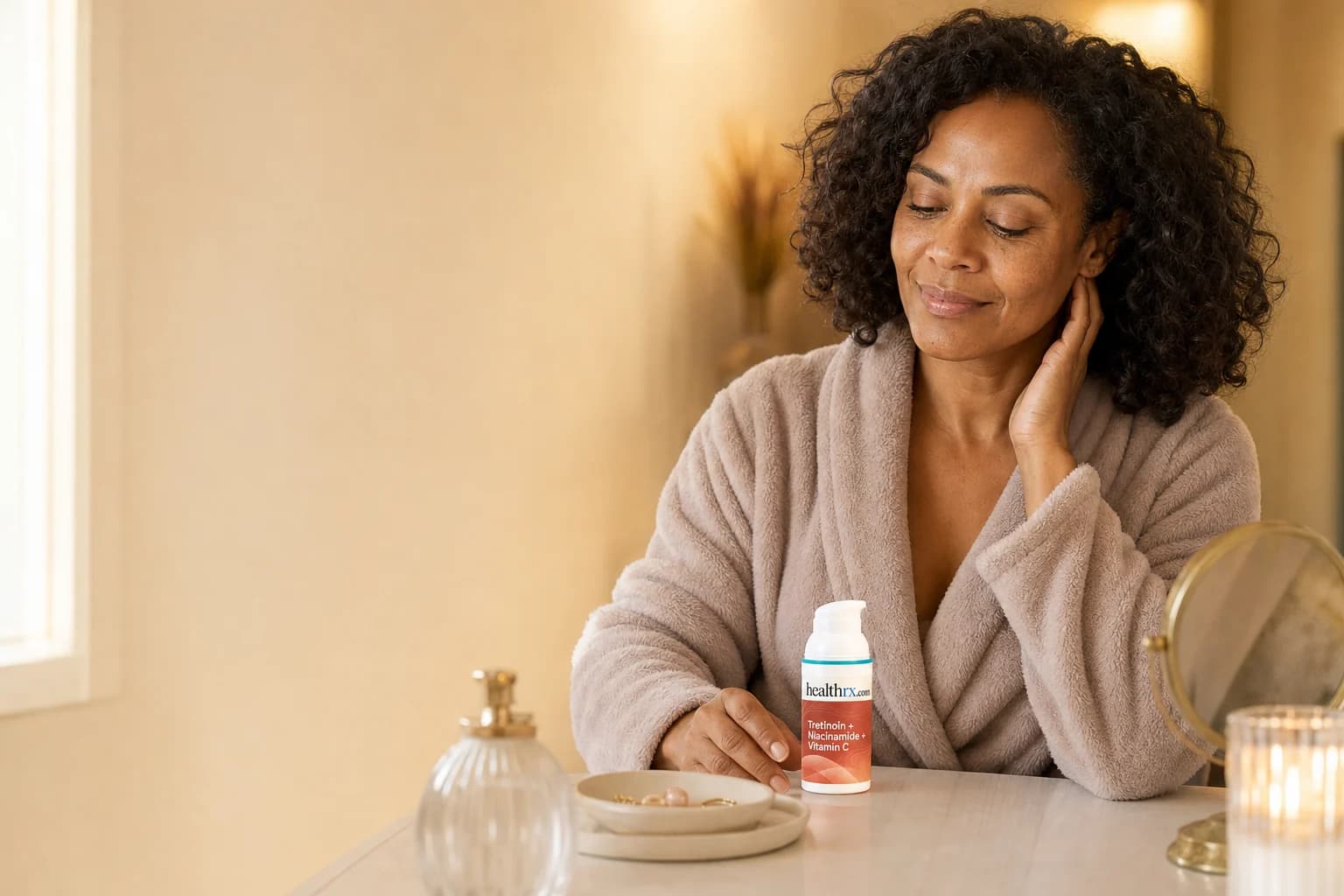 A woman in her mid 40s during her evening skincare routine, with Tretinoin / Niacinamide / Vitamin C