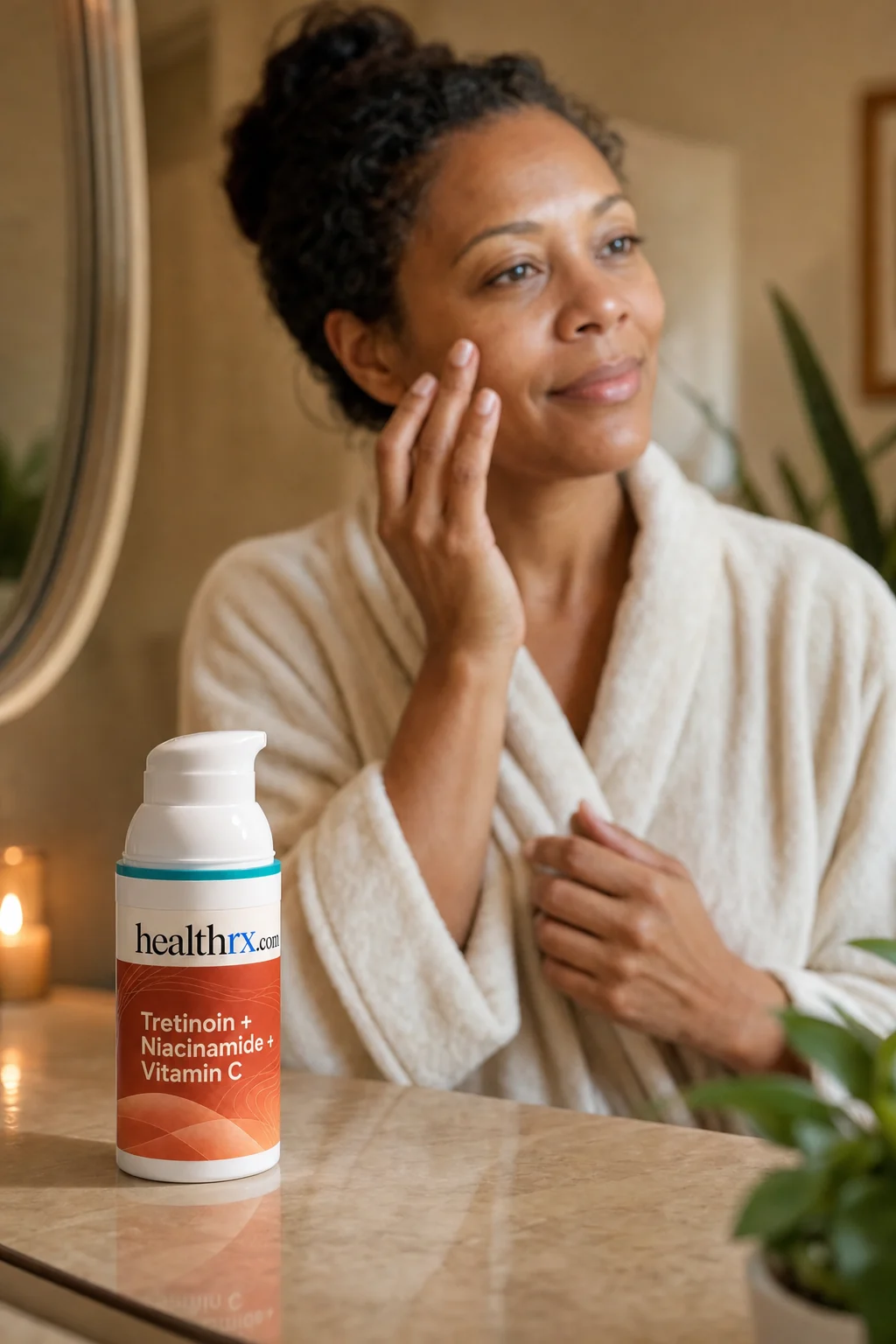 A woman in her mid 40s during her evening skincare routine, with Tretinoin / Niacinamide / Vitamin C close by