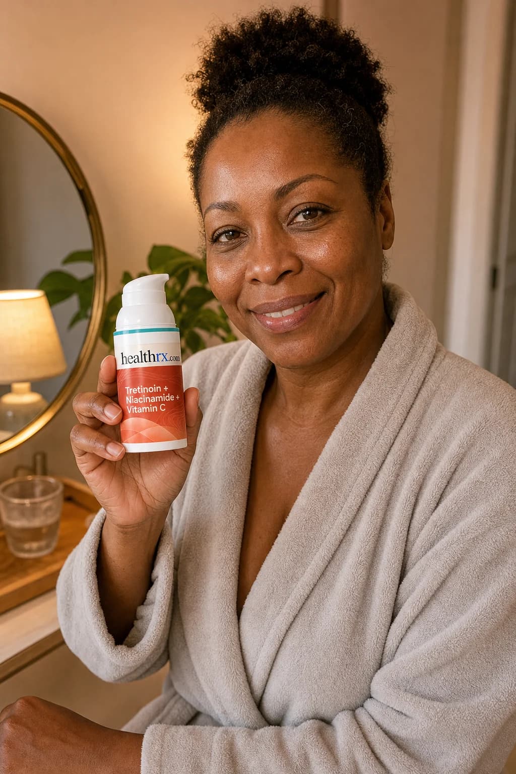 A woman in her mid 40s during her evening skincare routine, with Tretinoin / Niacinamide / Vitamin C