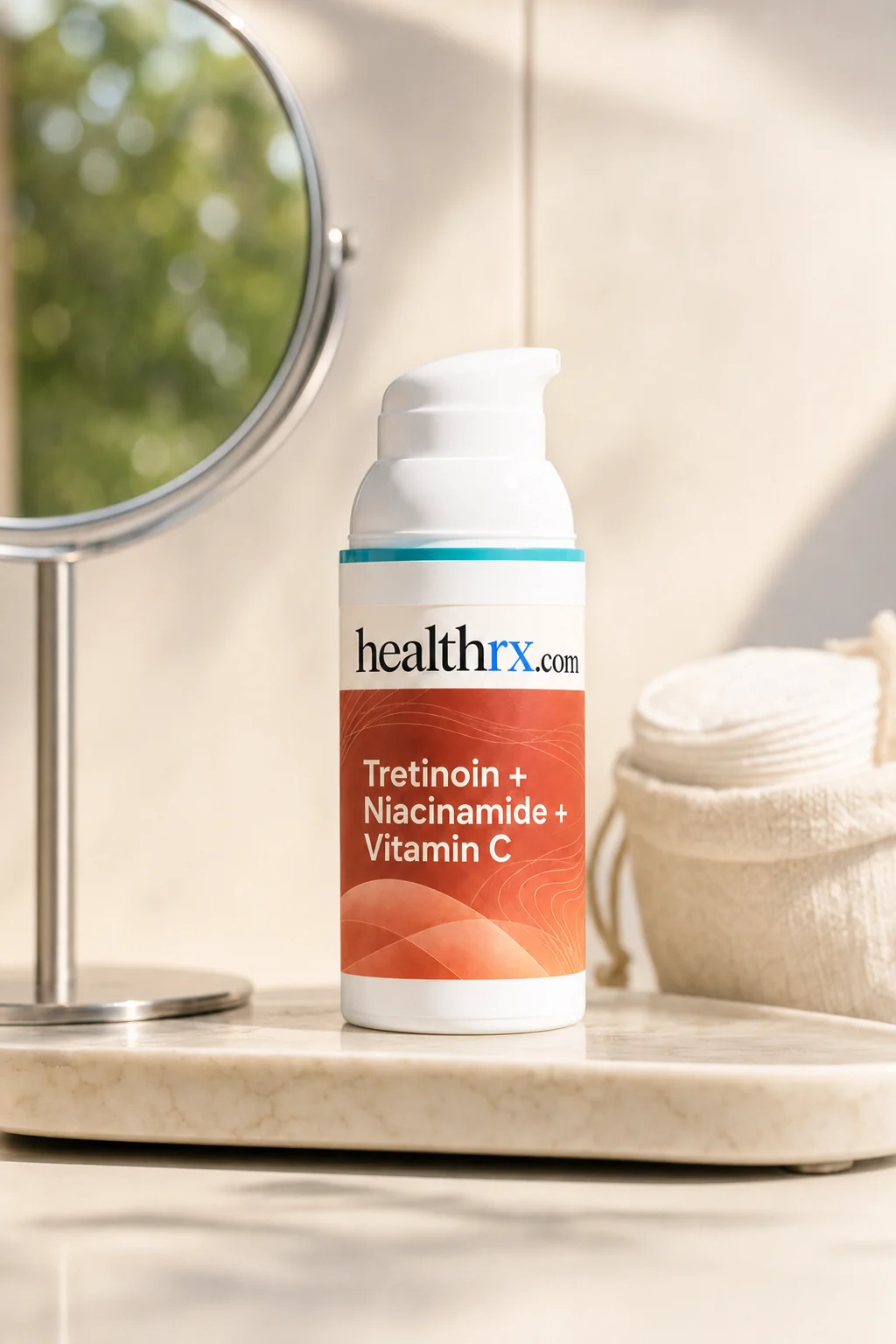 Tretinoin / Niacinamide / Vitamin C on a bathroom vanity tray
