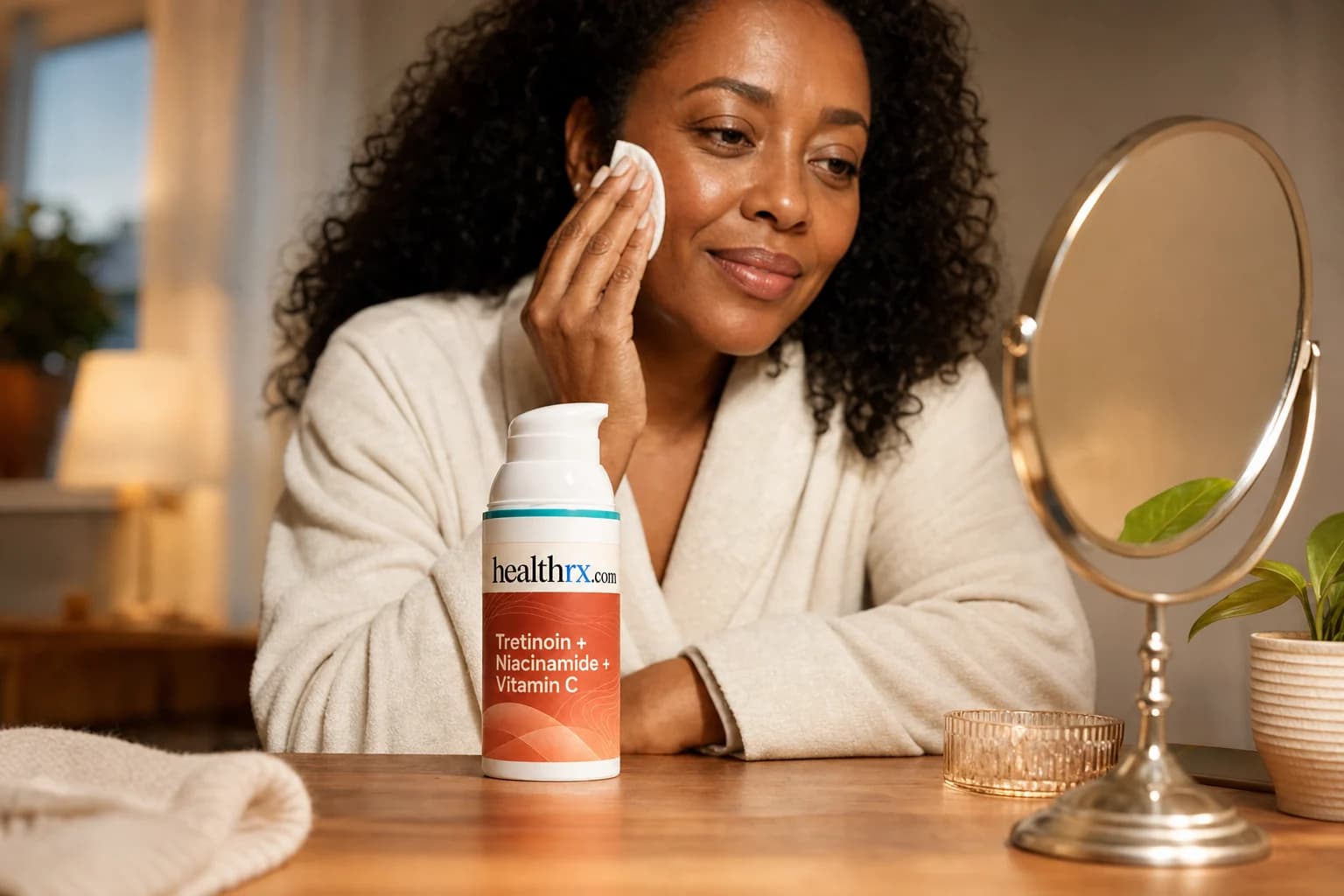 A woman in her mid 40s during her evening skincare routine, with Tretinoin / Niacinamide / Vitamin C in the foreground