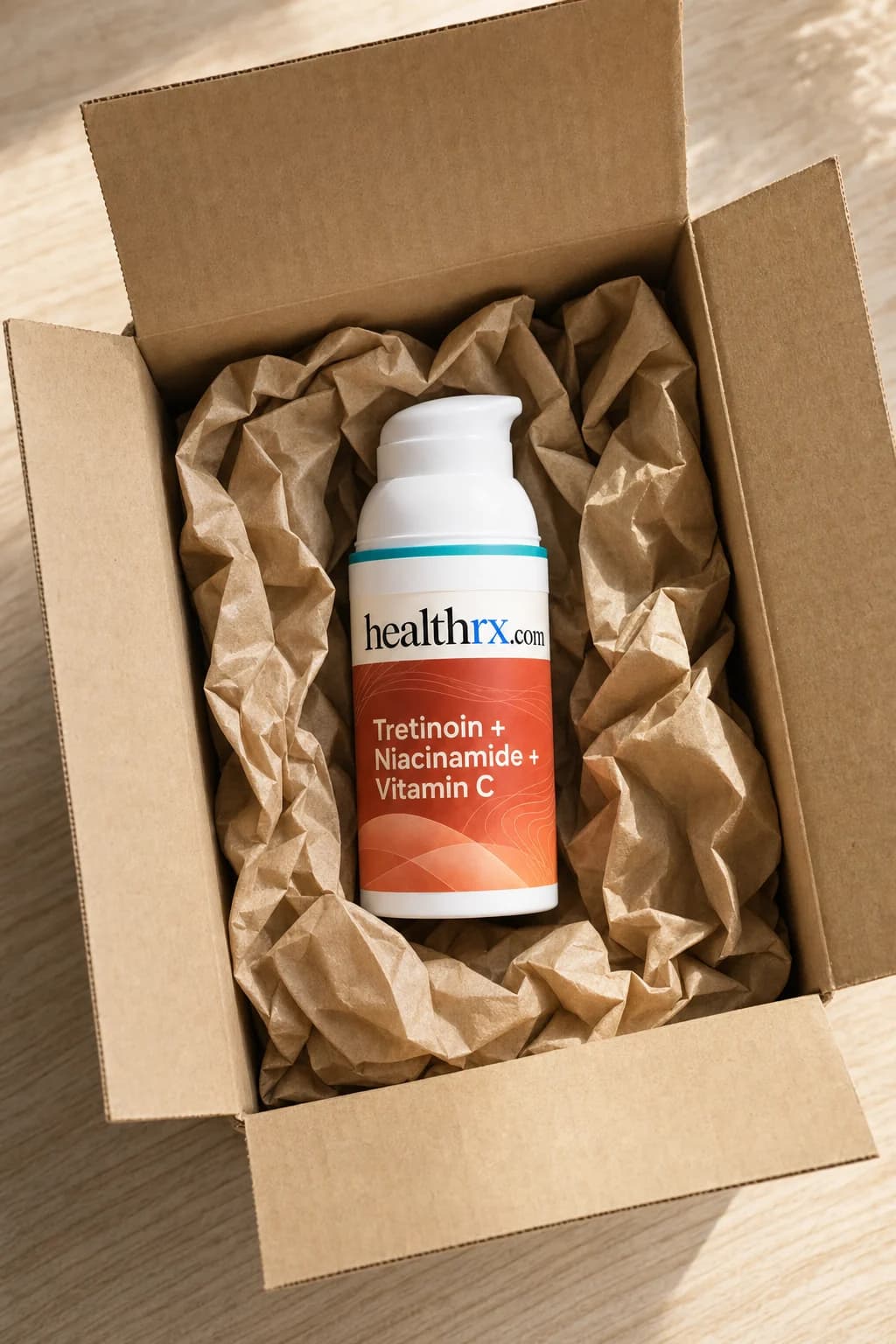Tretinoin / Niacinamide / Vitamin C inside a plain, unmarked shipping box