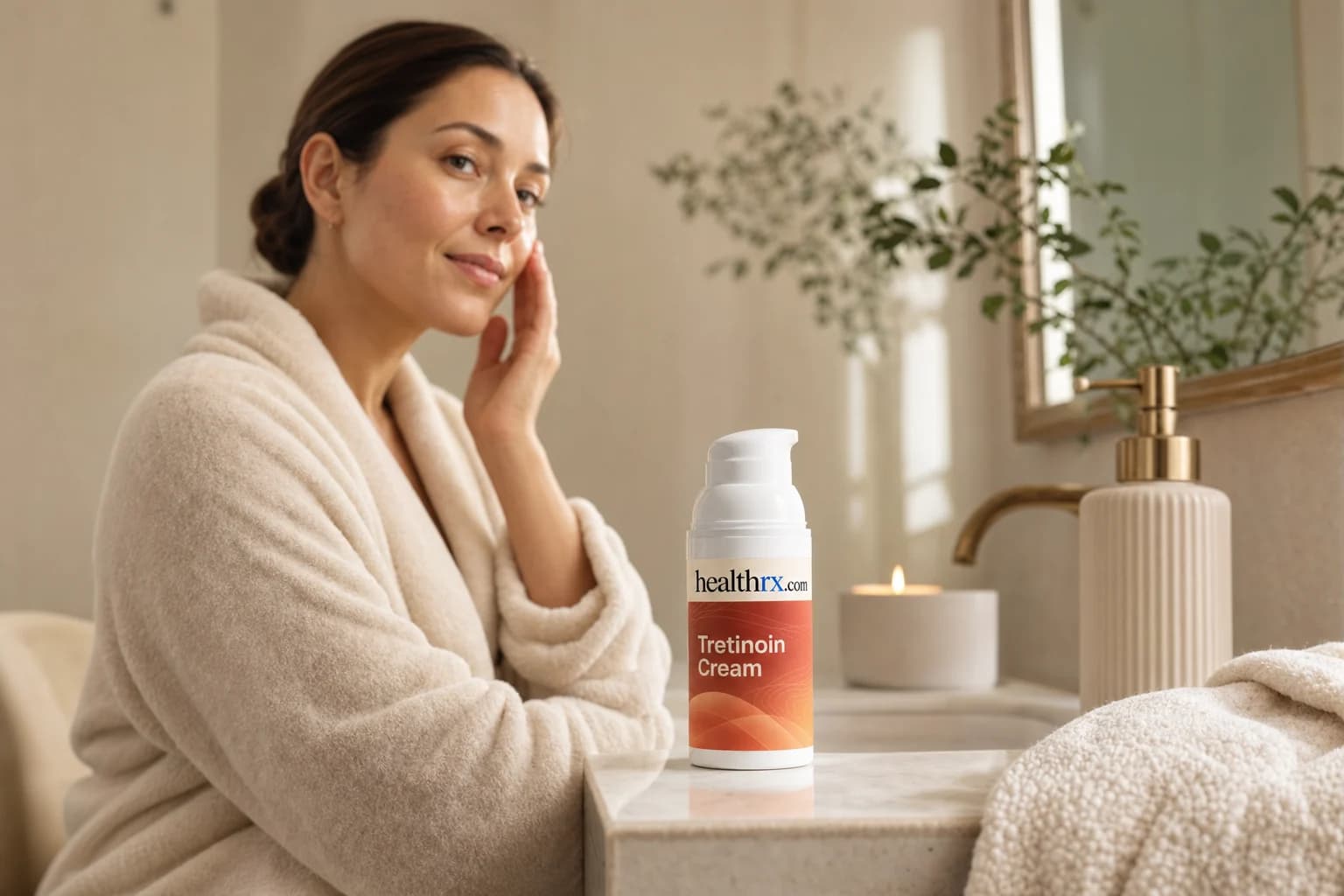 A woman in her mid 30s during her evening skincare routine, with Tretinoin Cream in the foreground