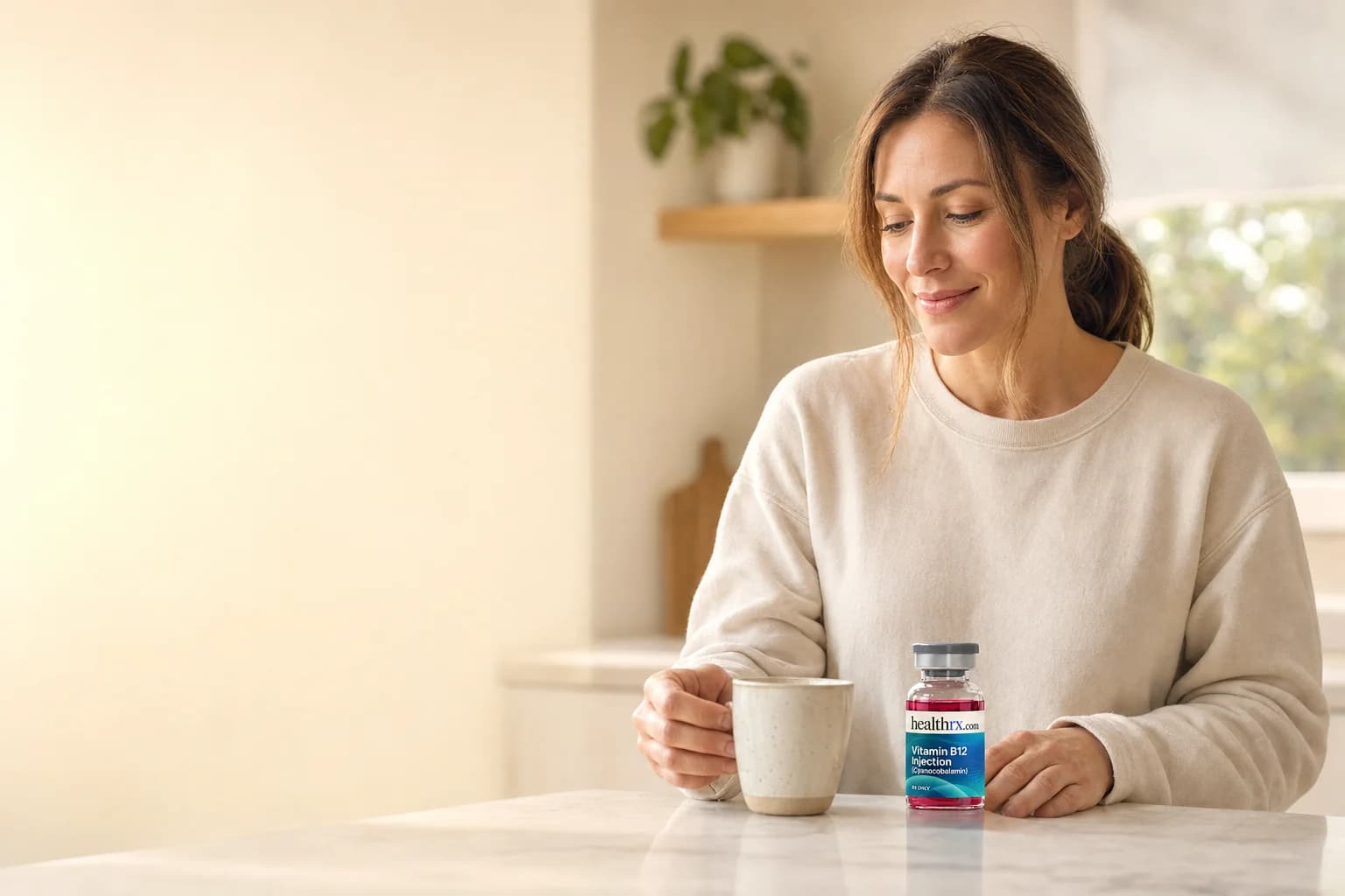 A woman in her mid 30s starting her morning in the kitchen, with Vitamin B12 Injection (Cyanocobalamin)