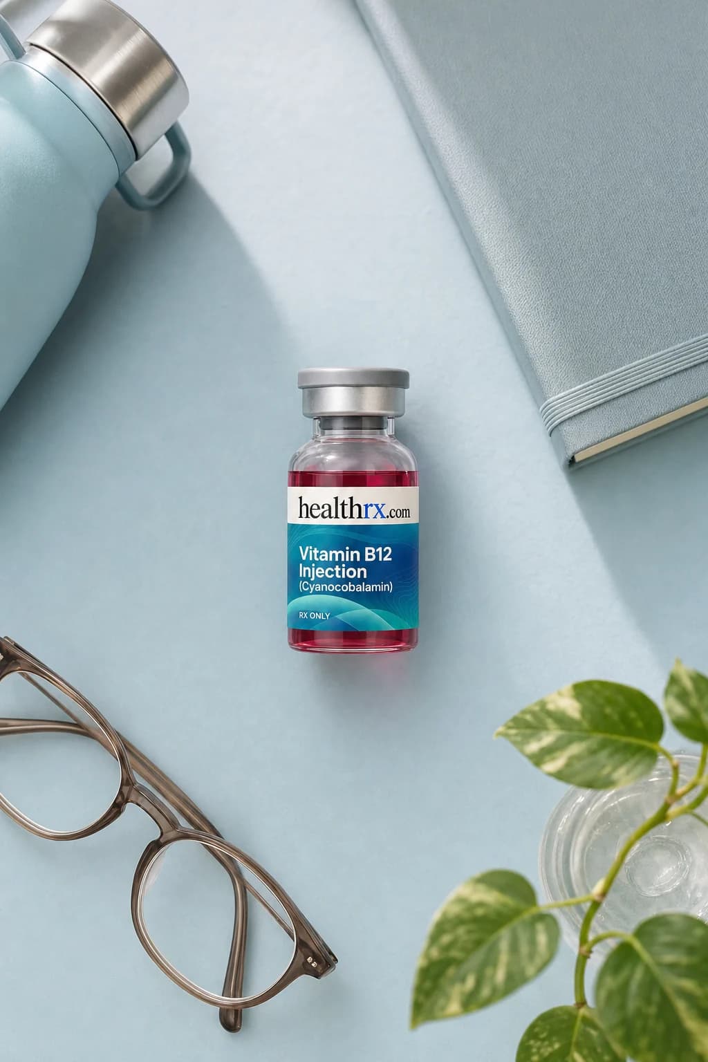 Vitamin B12 Injection (Cyanocobalamin) laid flat among everyday things
