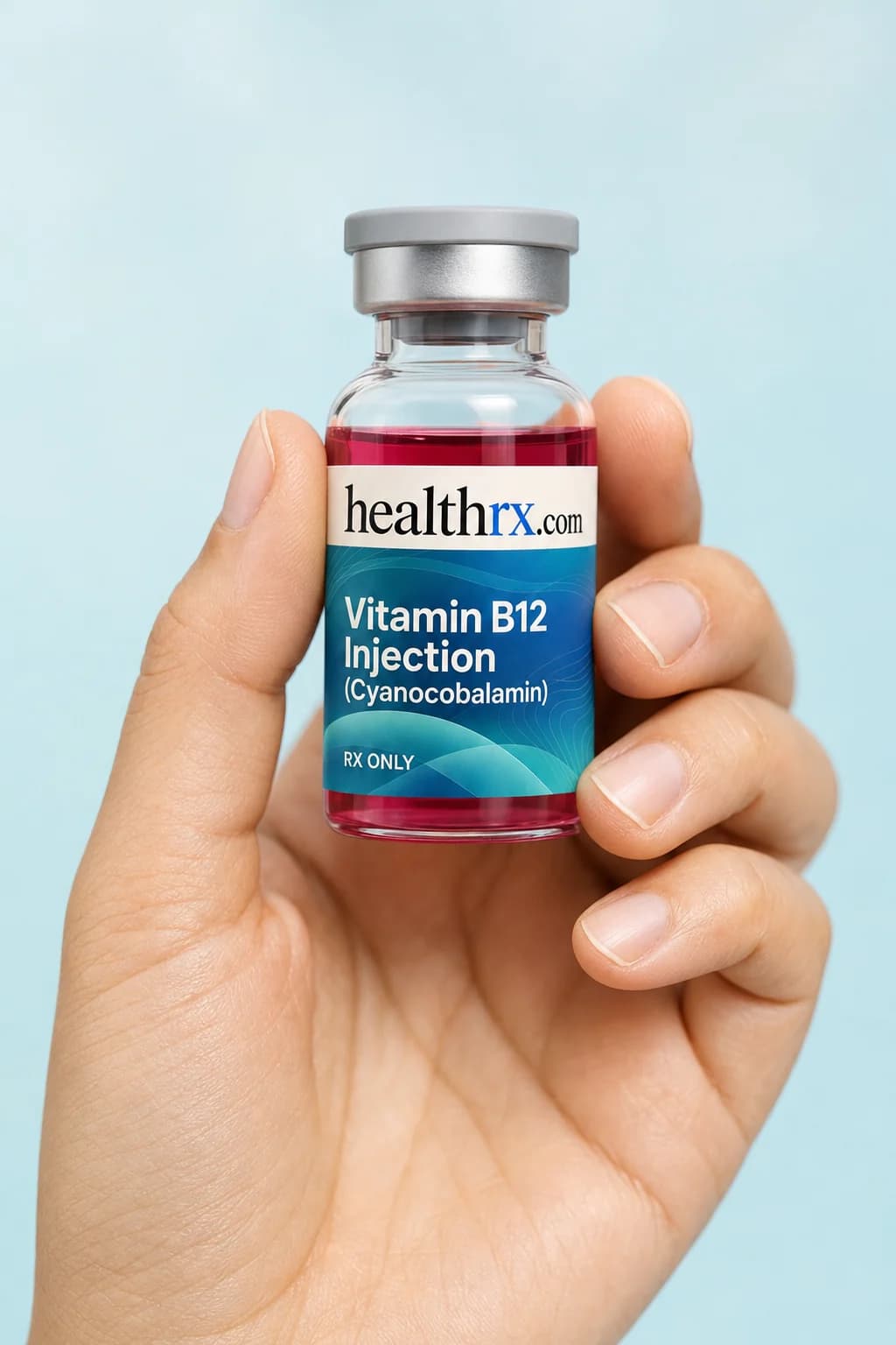 Vitamin B12 Injection (Cyanocobalamin) held in one hand, showing its size