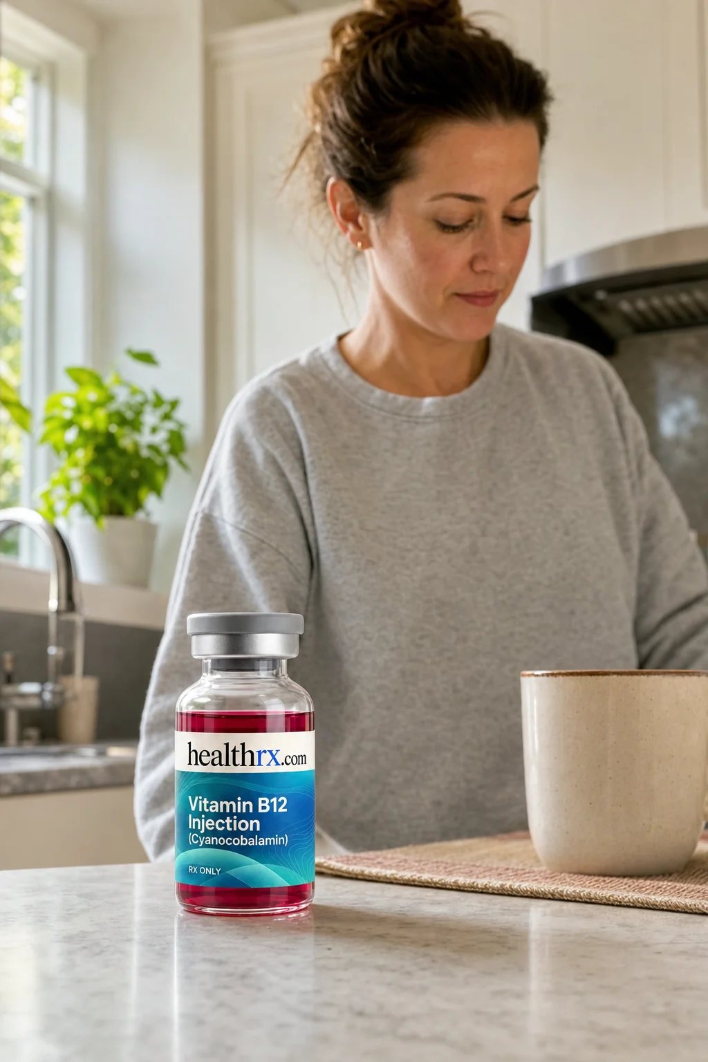 A woman in her mid 30s starting her morning in the kitchen, with Vitamin B12 Injection (Cyanocobalamin) close by