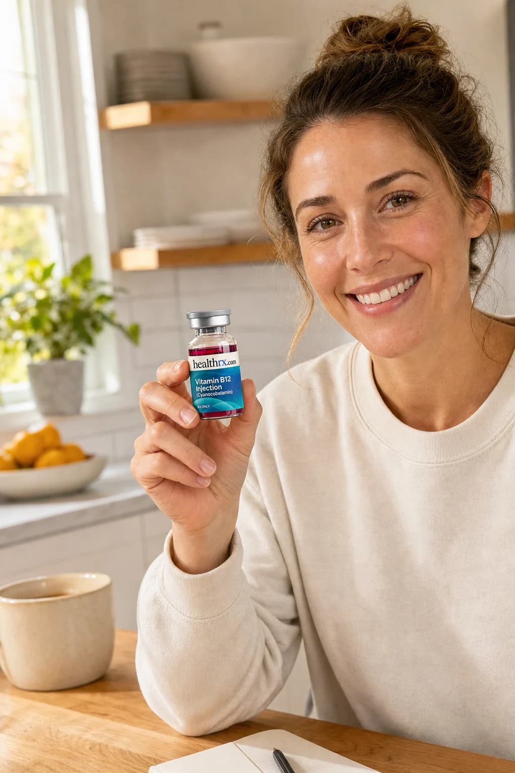 A woman in her mid 30s starting her morning in the kitchen, with Vitamin B12 Injection (Cyanocobalamin)