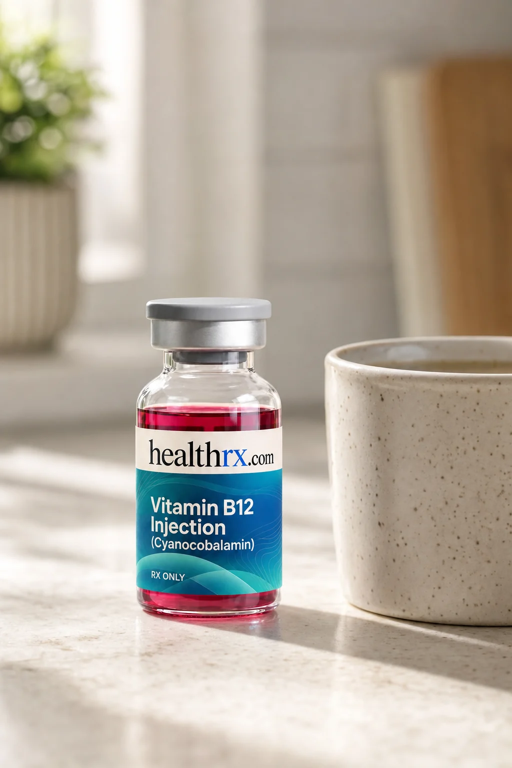 Vitamin B12 Injection (Cyanocobalamin) on a kitchen counter beside a coffee mug