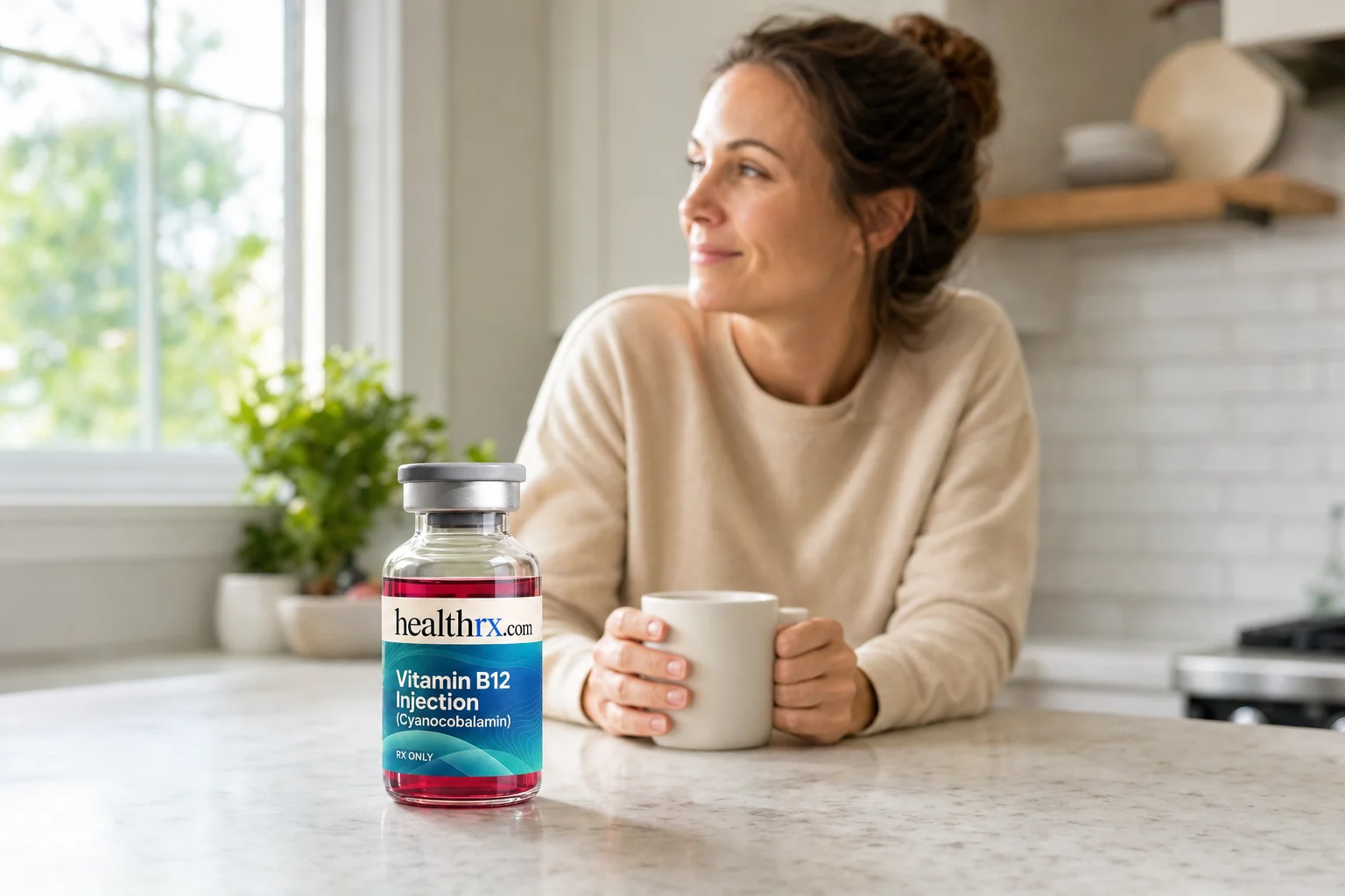 A woman in her mid 30s starting her morning in the kitchen, with Vitamin B12 Injection (Cyanocobalamin) in the foreground